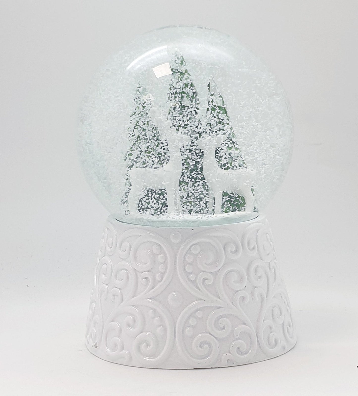 Nostalgische Schneekugel 2 Rehe auf Sockel weiß Ornamente 100 mm Durchmesser mit Spieluhr - Schneekugelhaus