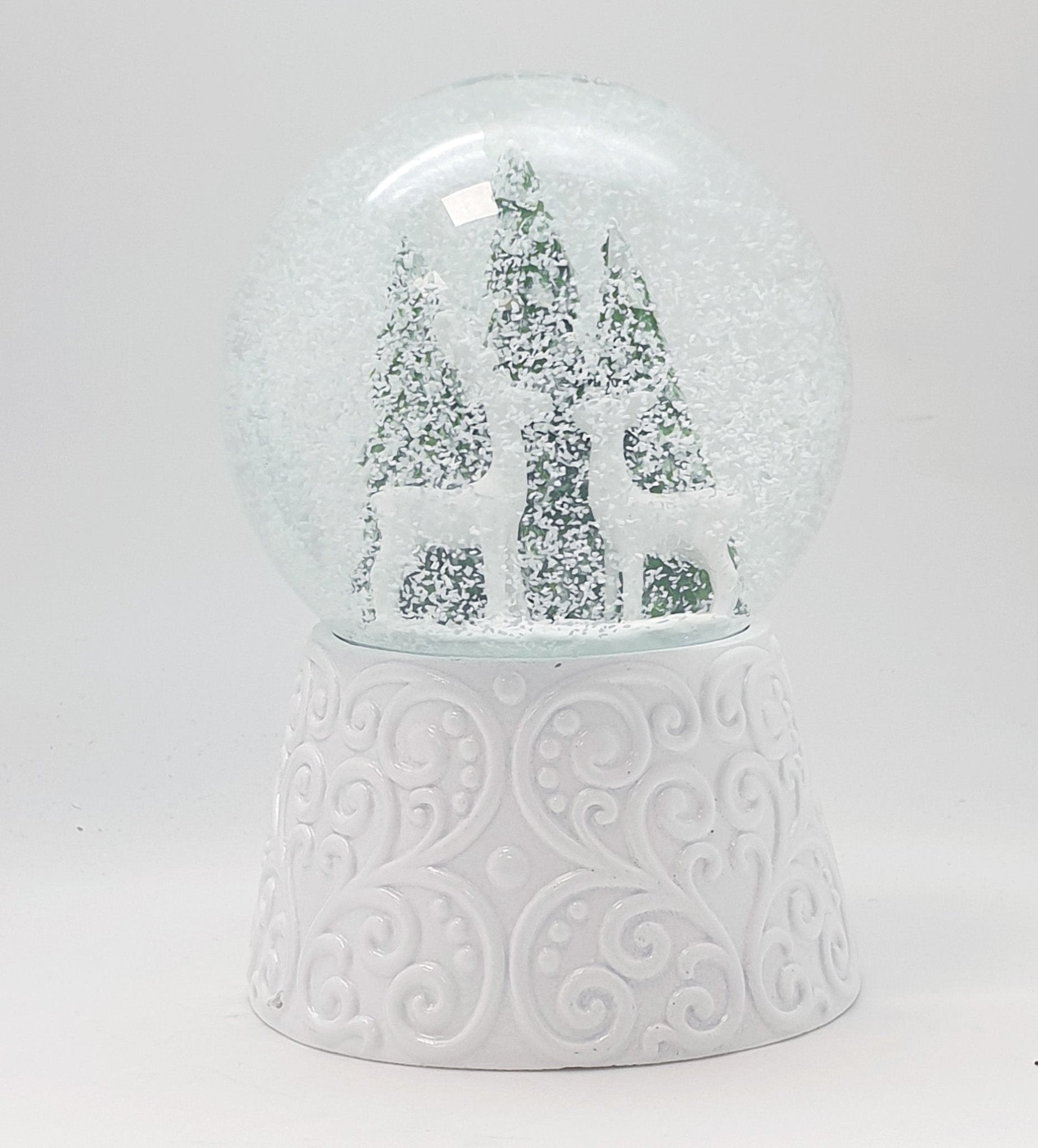 Nostalgische Schneekugel 2 Rehe auf Sockel weiß Ornamente 100 mm Durchmesser mit Spieluhr - Schneekugelhaus
