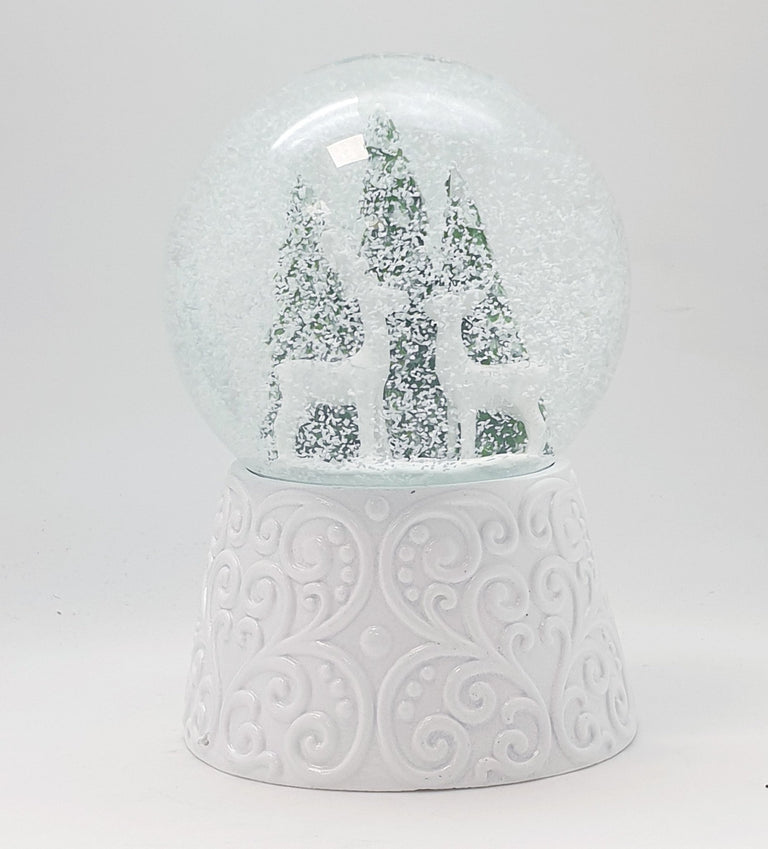 Nostalgische Schneekugel 2 Rehe auf Sockel weiß Ornamente 100 mm Durchmesser mit Spieluhr - Schneekugelhaus