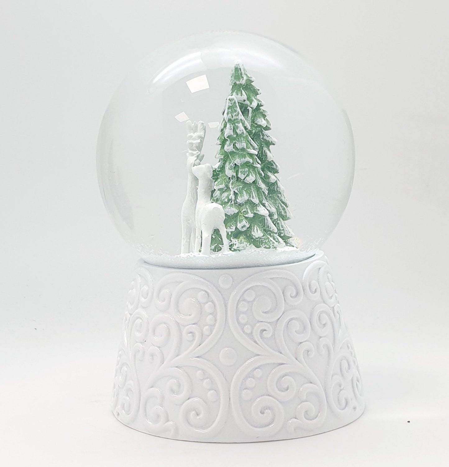 Nostalgische Schneekugel 2 Rehe auf Sockel weiß Ornamente 100 mm Durchmesser mit Spieluhr - Schneekugelhaus