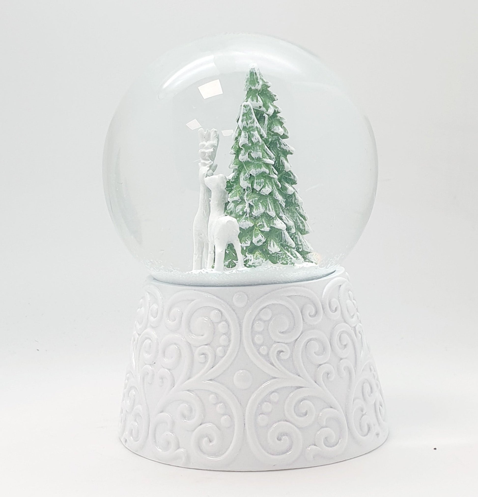 Nostalgische Schneekugel 2 Rehe auf Sockel weiß Ornamente 100 mm Durchmesser mit Spieluhr - Schneekugelhaus