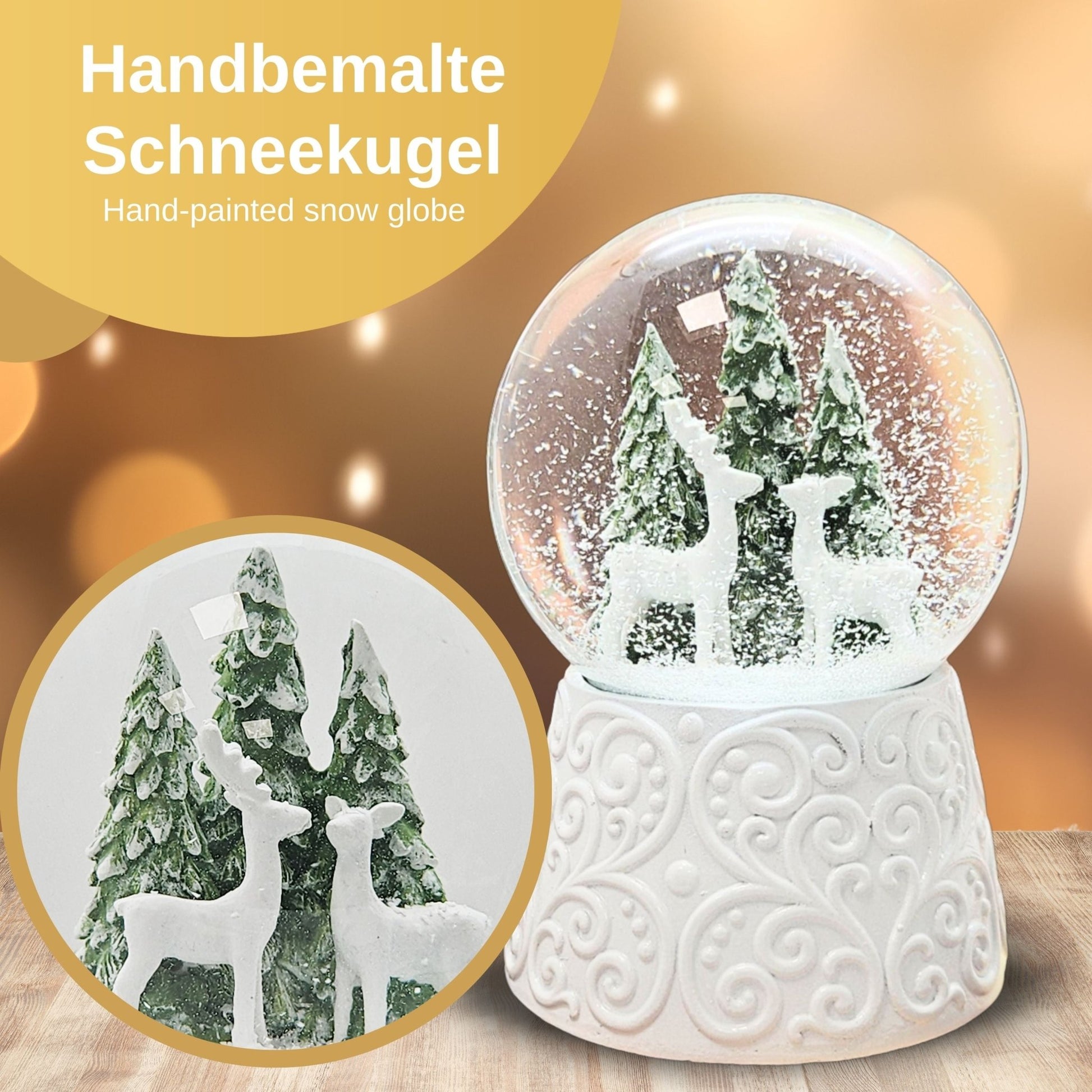 Nostalgische Schneekugel 2 Rehe auf Sockel weiß Ornamente 100 mm Durchmesser mit Spieluhr - Schneekugelhaus