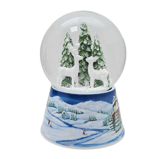 Nostalgische Schneekugel 2 Rehe auf Sockel Winterlandschaft mittelblau 100 mm Durchmesser mit Spieluhr - Schneekugelhaus