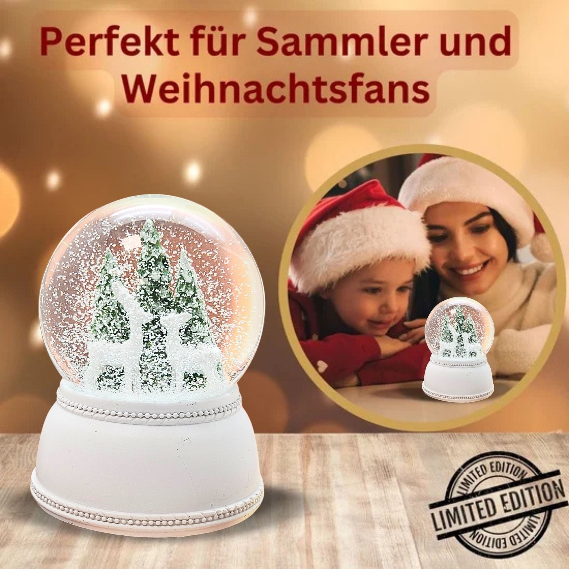 Nostalgische Schneekugel 2 Rehe vor Tannenbäumen auf Sockel weiß Nostalgie 100 mm Durchmesser mit Spieluhr - Schneekugelhaus