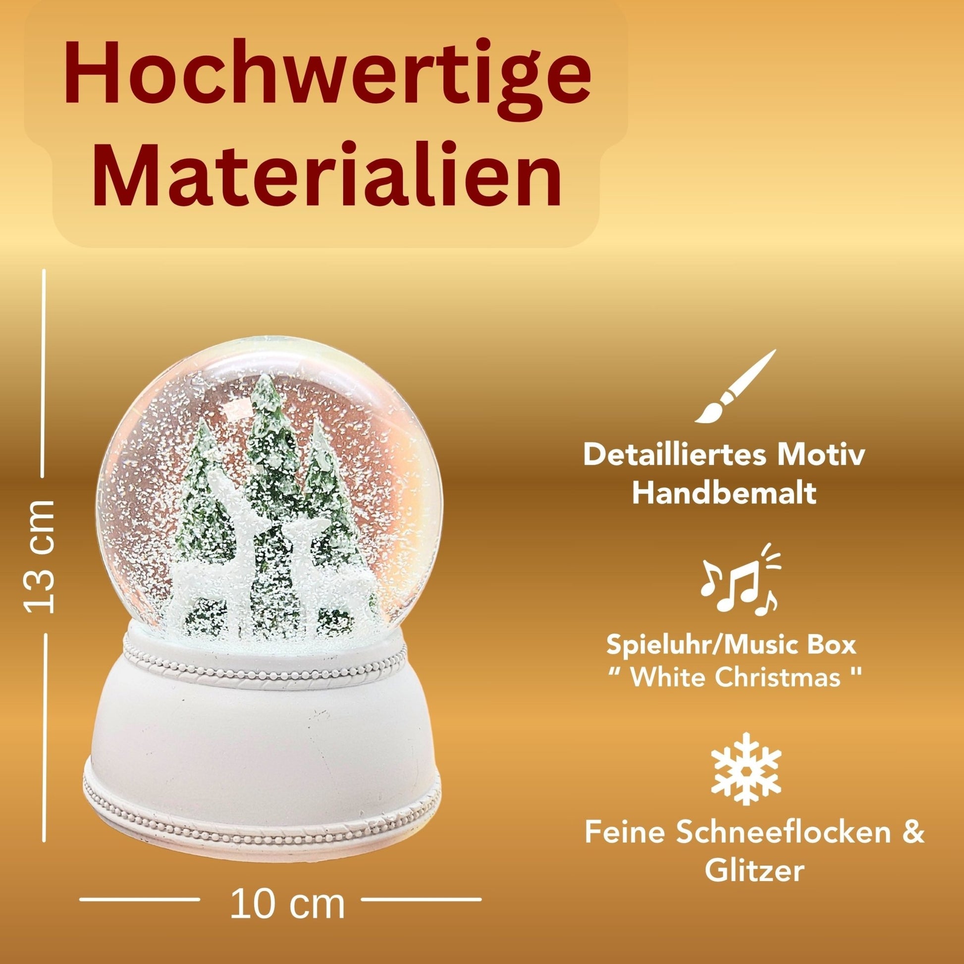Nostalgische Schneekugel 2 Rehe vor Tannenbäumen auf Sockel weiß Nostalgie 100 mm Durchmesser mit Spieluhr - Schneekugelhaus