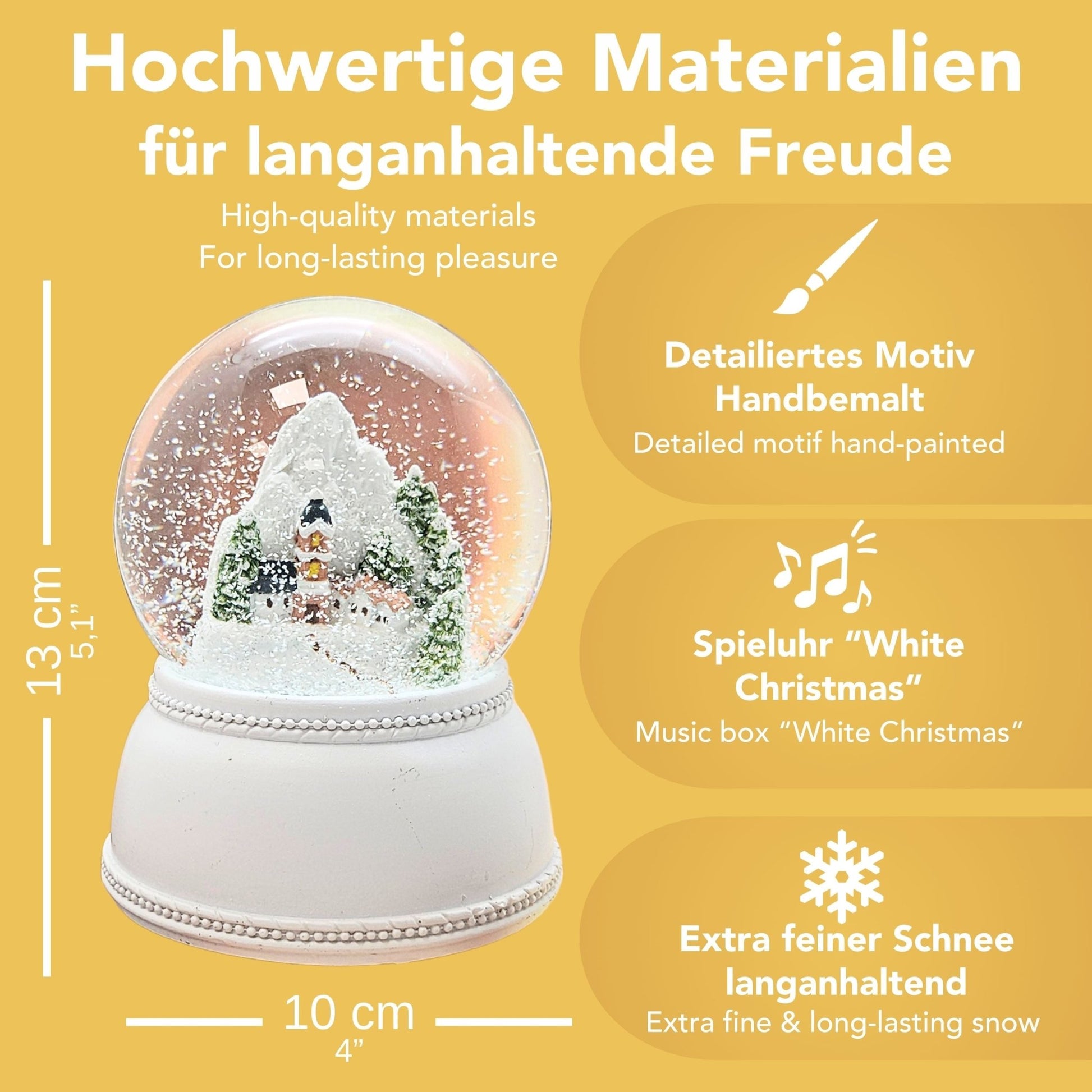 Nostalgische Schneekugel Alpendorf auf Sockel weiß Nostalgie 100 mm Durchmesser mit Spieluhr - Schneekugelhaus