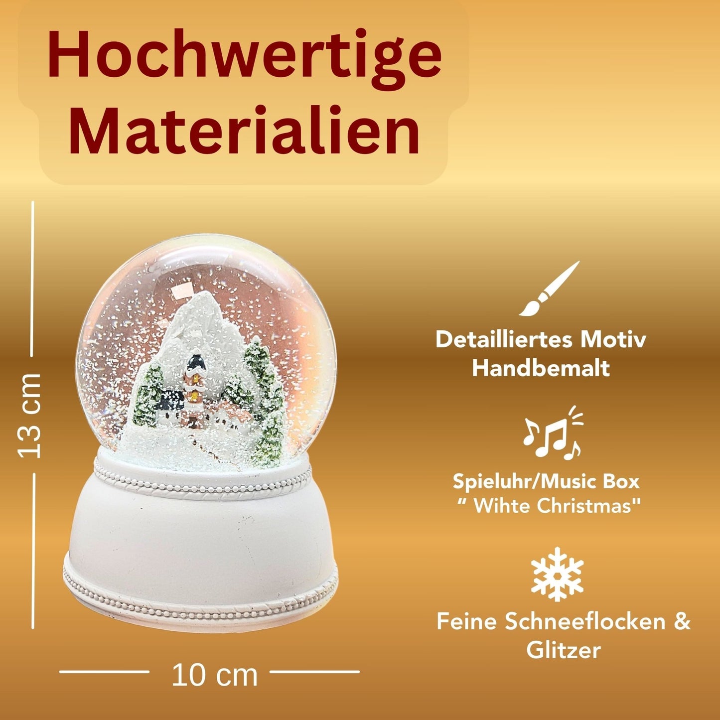 Nostalgische Schneekugel Alpendorf auf Sockel weiß Nostalgie 100 mm Durchmesser mit Spieluhr - Schneekugelhaus