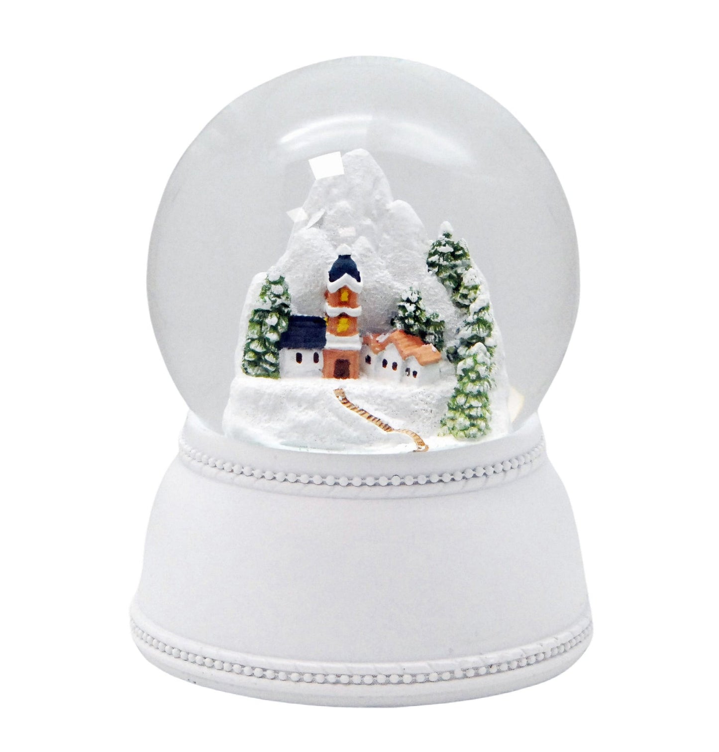 Nostalgische Schneekugel Alpendorf auf Sockel weiß Nostalgie 100 mm Durchmesser mit Spieluhr - Schneekugelhaus