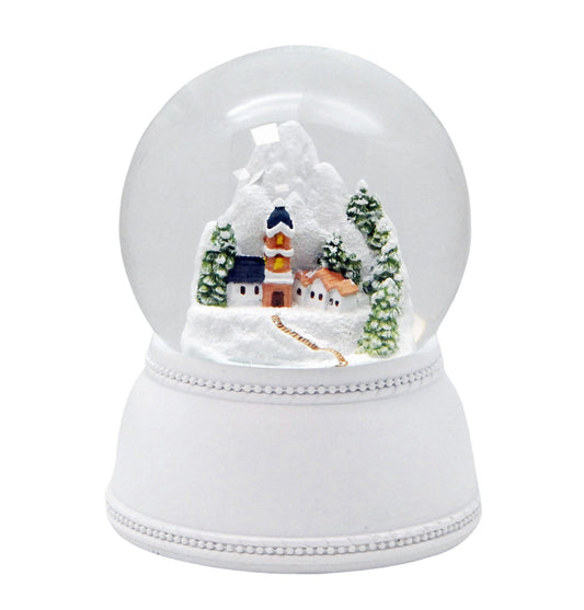 Nostalgische Schneekugel Alpendorf auf Sockel weiß Nostalgie 100 mm Durchmesser mit Spieluhr - Schneekugelhaus