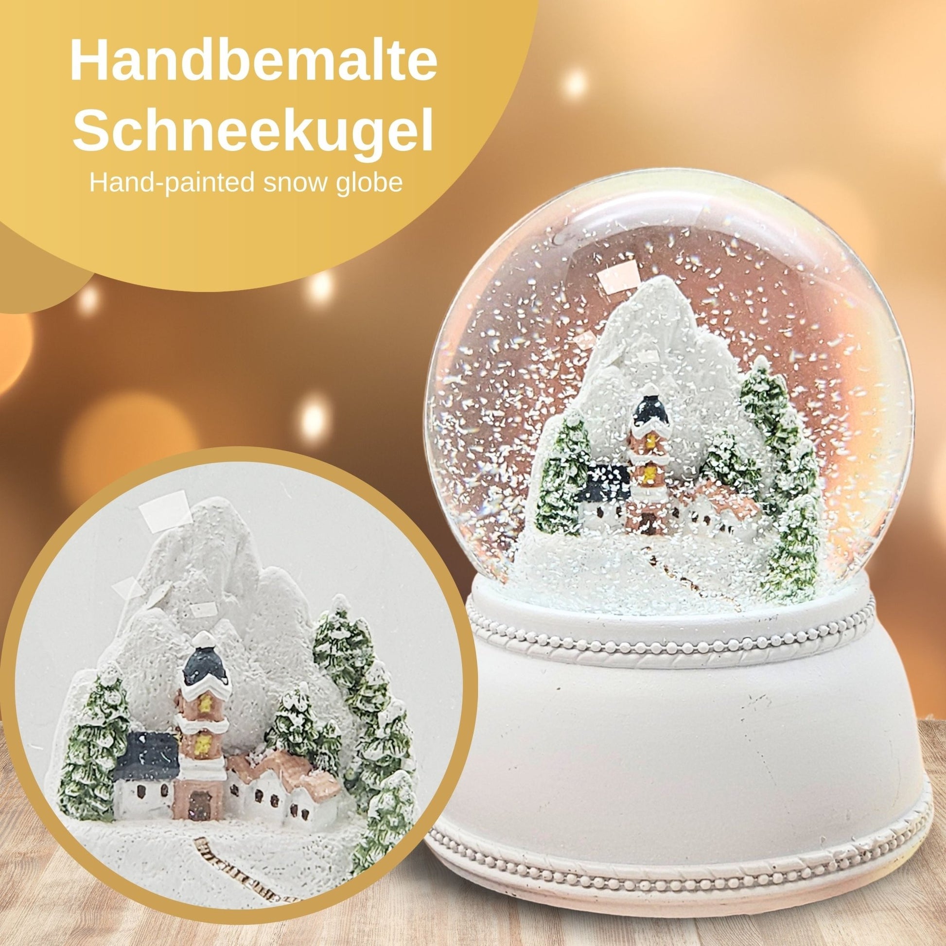 Nostalgische Schneekugel Alpendorf auf Sockel weiß Nostalgie 100 mm Durchmesser mit Spieluhr - Schneekugelhaus
