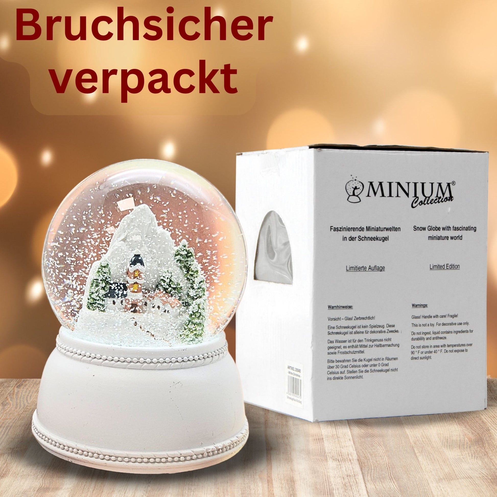 Nostalgische Schneekugel Alpendorf auf Sockel weiß Nostalgie 100 mm Durchmesser mit Spieluhr - Schneekugelhaus