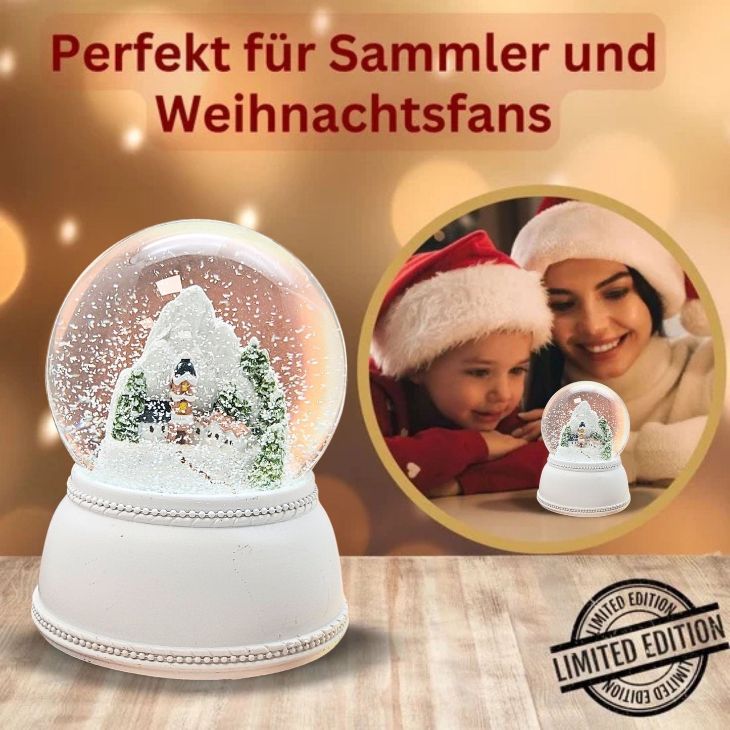 Nostalgische Schneekugel Alpendorf auf Sockel weiß Nostalgie 100 mm Durchmesser mit Spieluhr - Schneekugelhaus