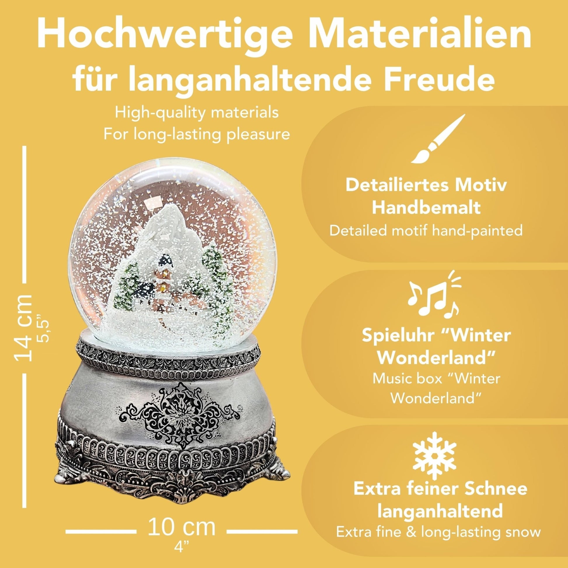 Nostalgische Schneekugel Alpendorf auf Zinnsockel verziehrt 100 mm Durchmesser mit Spieluhr - Schneekugelhaus