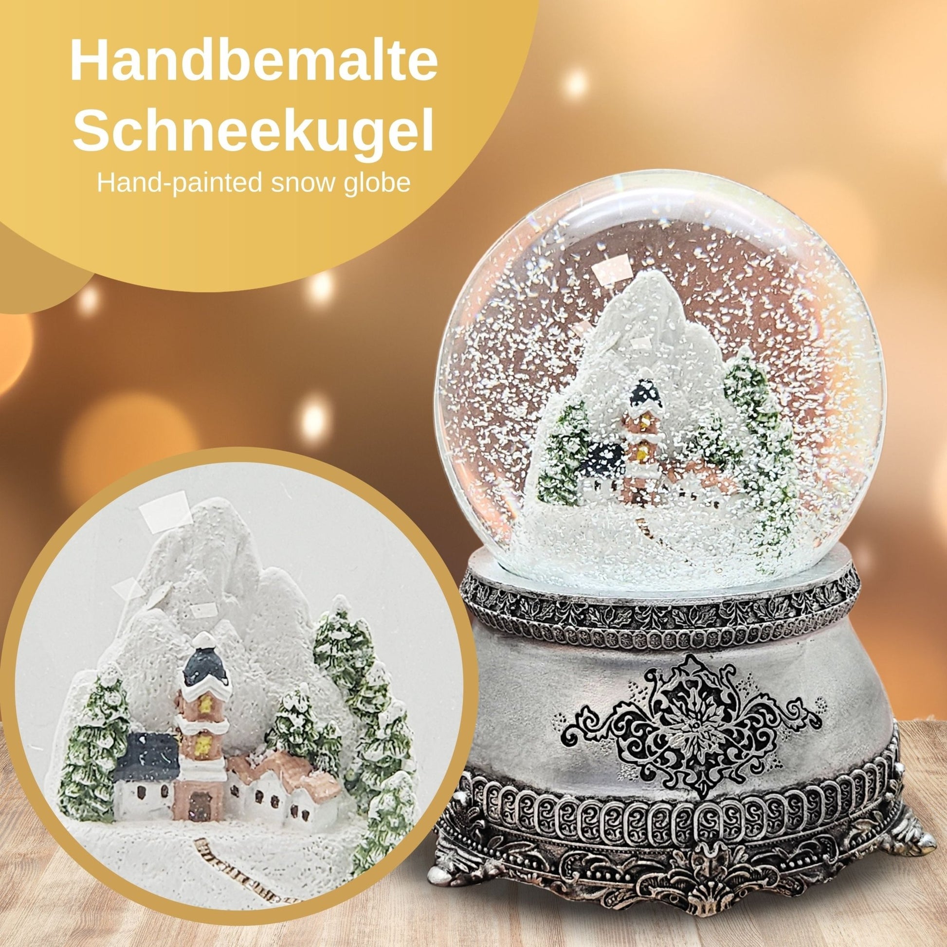 Nostalgische Schneekugel Alpendorf auf Zinnsockel verziehrt 100 mm Durchmesser mit Spieluhr - Schneekugelhaus