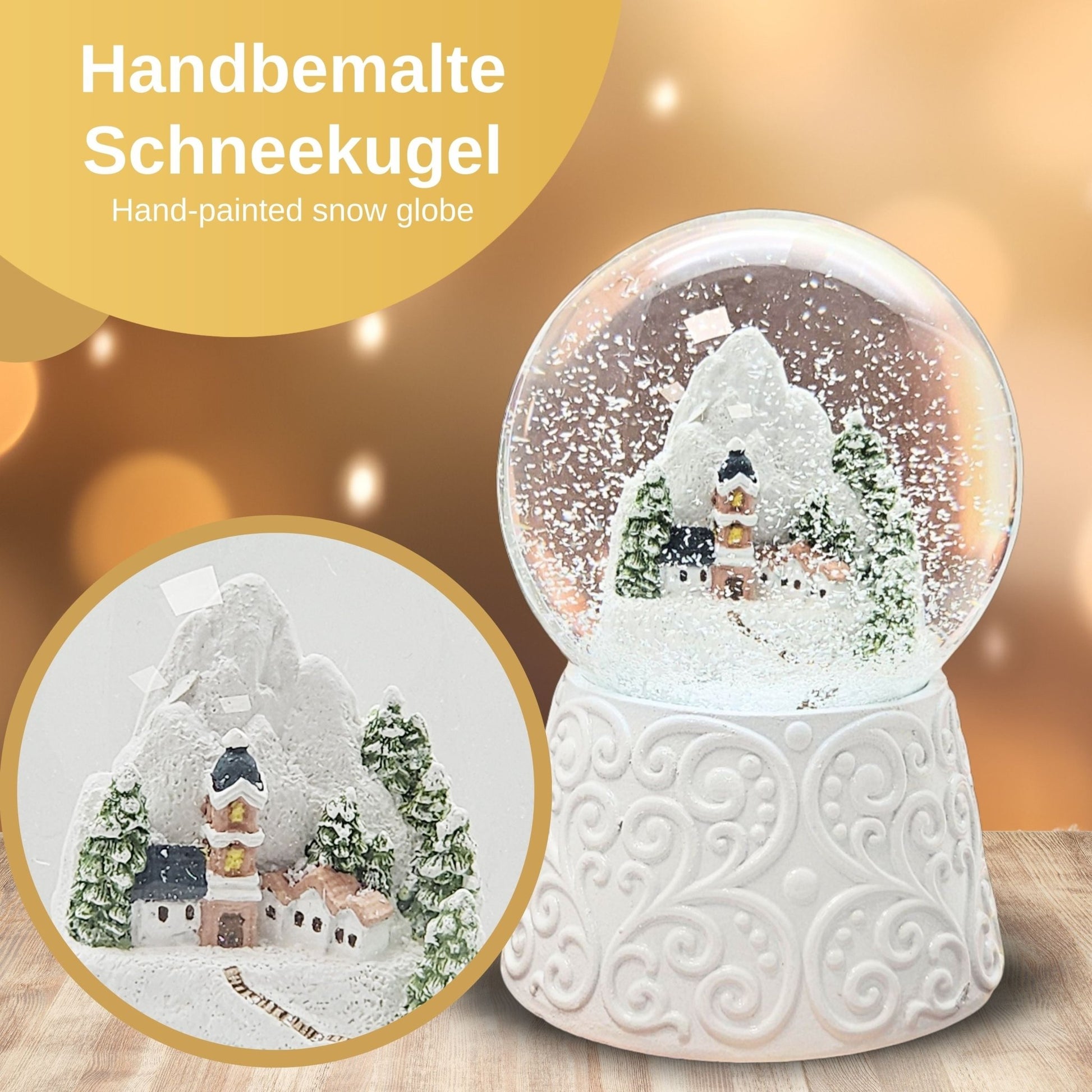 Nostalgische Schneekugel Bergdorf auf Sockel weiß Ornamente 100 mm Durchmesser mit Spieluhr - Schneekugelhaus
