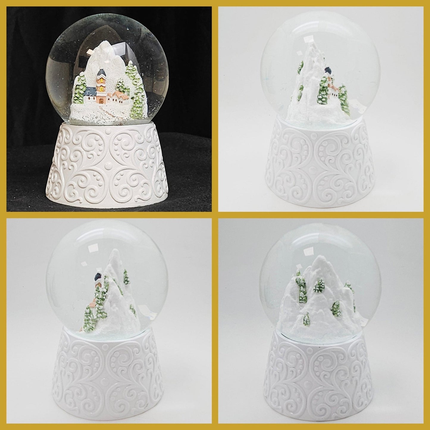 Nostalgische Schneekugel Bergdorf auf Sockel weiß Ornamente 100 mm Durchmesser mit Spieluhr - Schneekugelhaus
