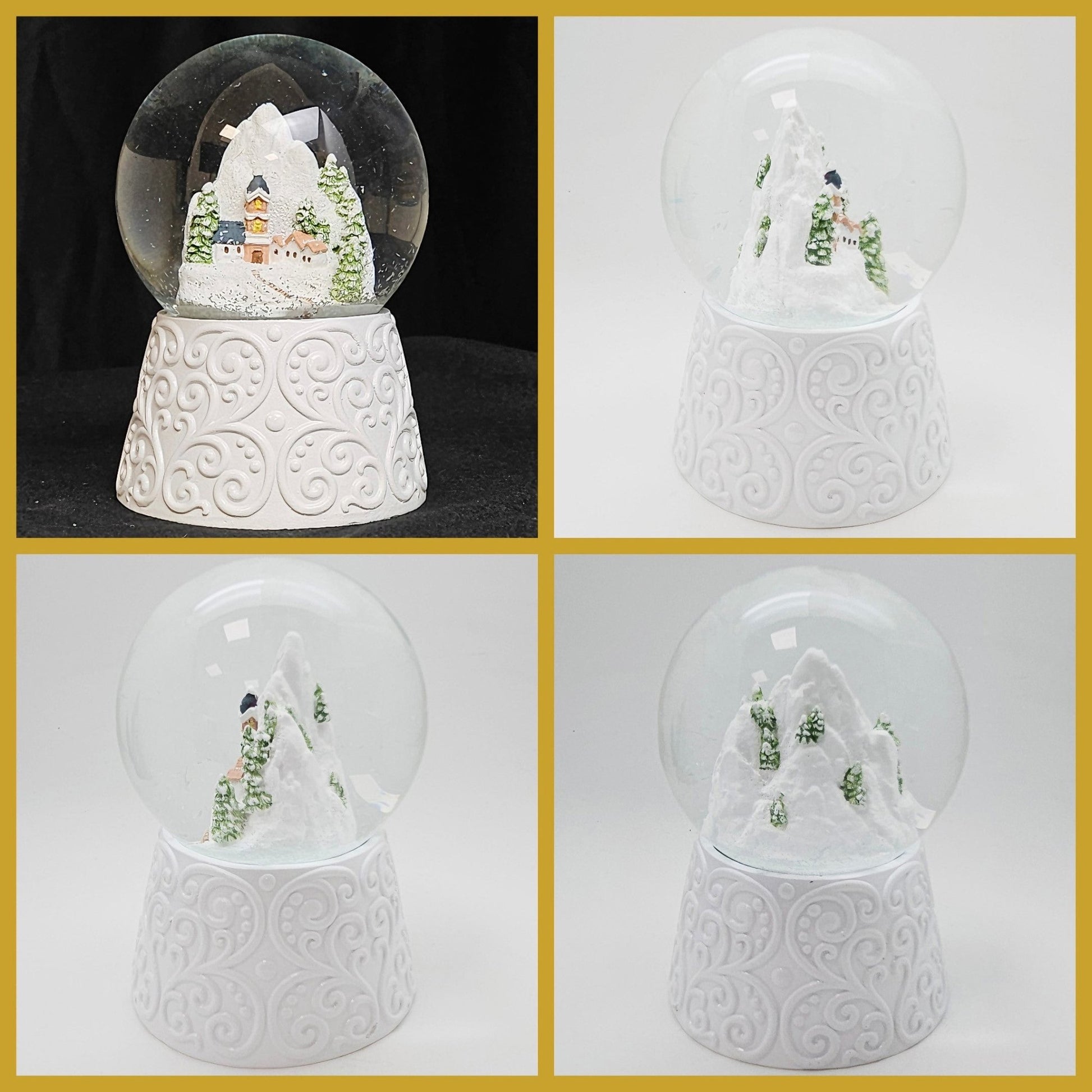 Nostalgische Schneekugel Bergdorf auf Sockel weiß Ornamente 100 mm Durchmesser mit Spieluhr - Schneekugelhaus