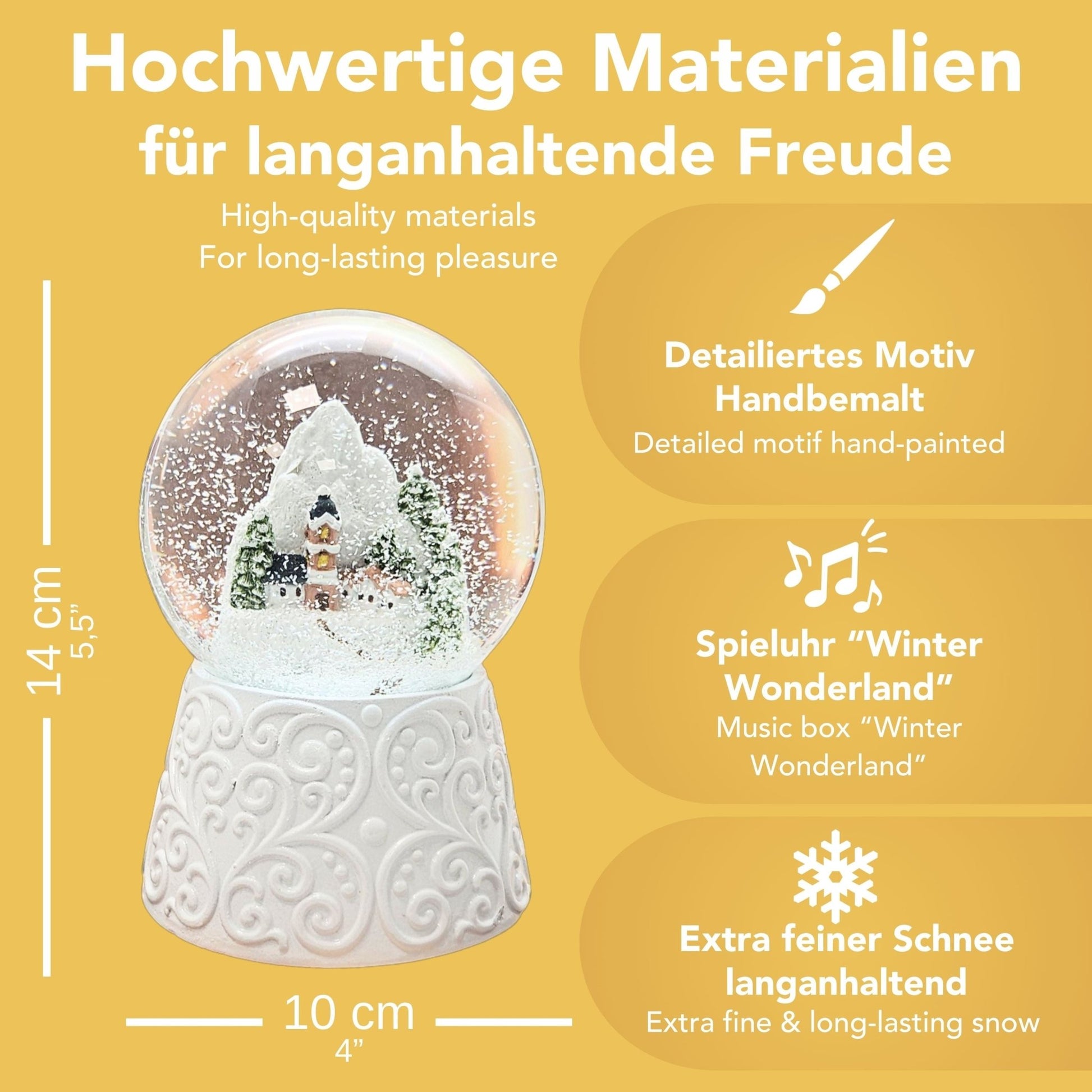 Nostalgische Schneekugel Bergdorf auf Sockel weiß Ornamente 100 mm Durchmesser mit Spieluhr - Schneekugelhaus