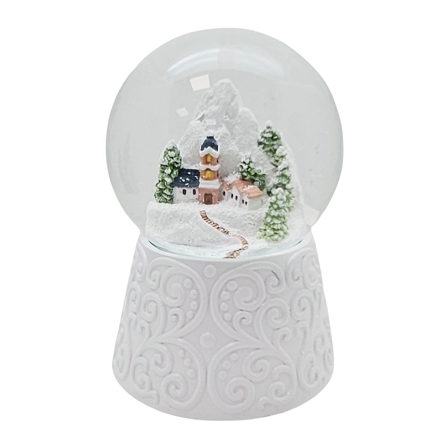 Nostalgische Schneekugel Bergdorf auf Sockel weiß Ornamente 100 mm Durchmesser mit Spieluhr - Schneekugelhaus