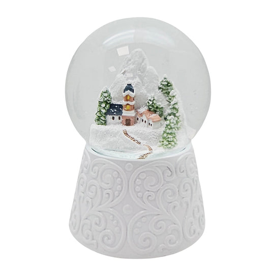 Nostalgische Schneekugel Bergdorf auf Sockel weiß Ornamente 100 mm Durchmesser mit Spieluhr - Schneekugelhaus