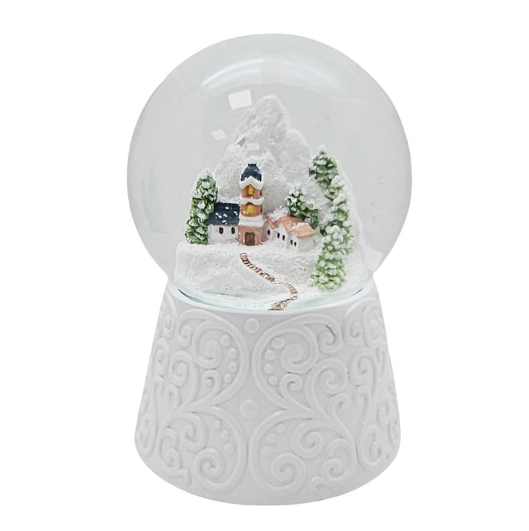 Nostalgische Schneekugel Bergdorf auf Sockel weiß Ornamente 100 mm Durchmesser mit Spieluhr - Schneekugelhaus