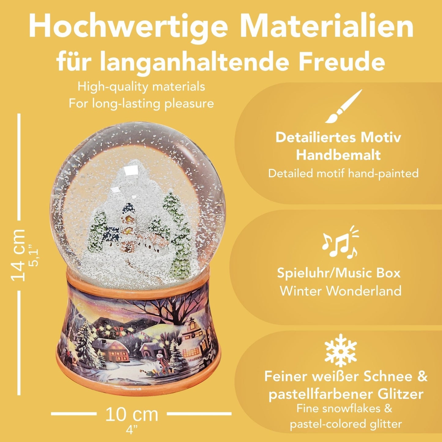 Nostalgische Schneekugel Bergdorf auf Sockel Winterlandschaft ocker Rand 100 mm Durchmesser mit Spieluhr - Schneekugelhaus