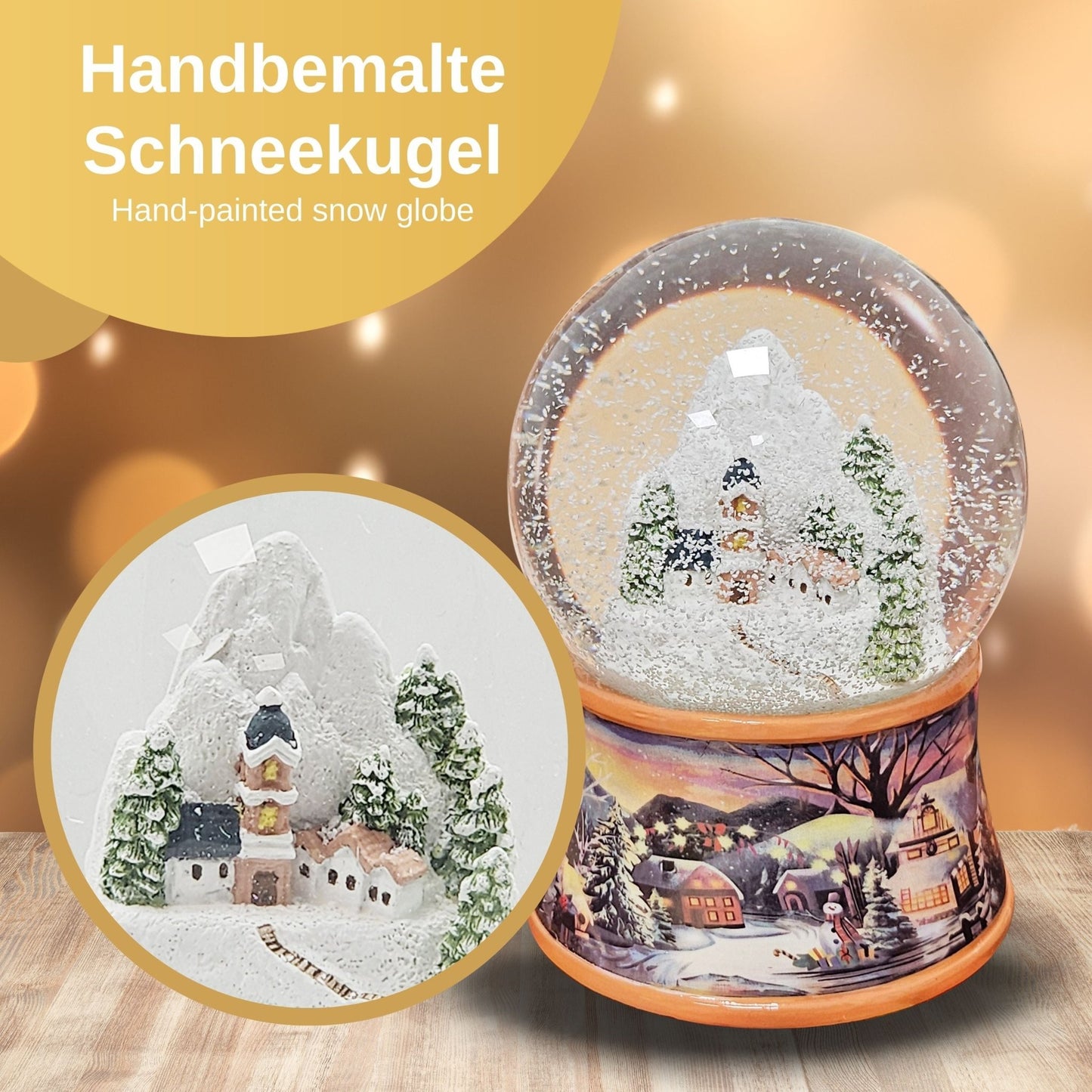 Nostalgische Schneekugel Bergdorf auf Sockel Winterlandschaft ocker Rand 100 mm Durchmesser mit Spieluhr - Schneekugelhaus