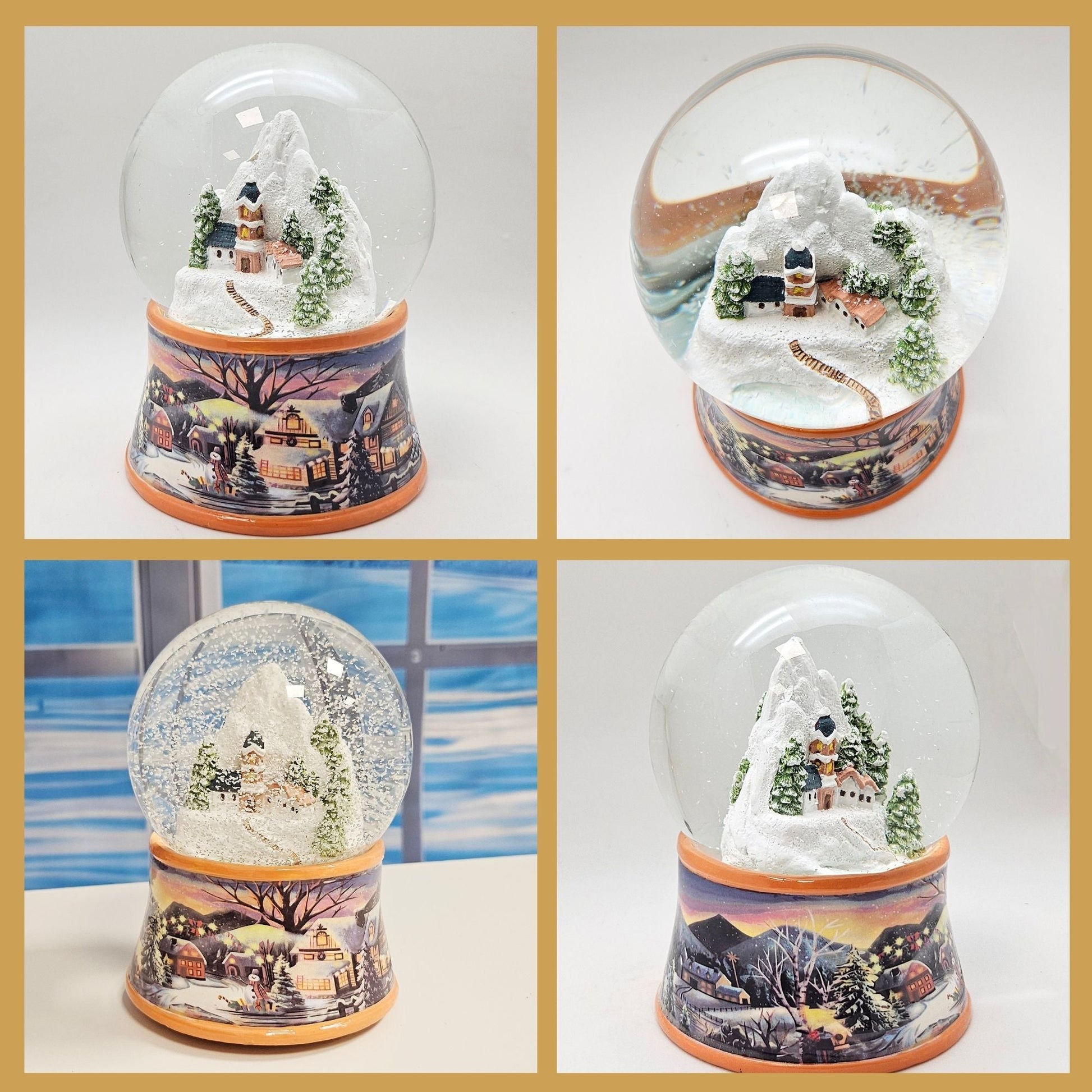 Nostalgische Schneekugel Bergdorf auf Sockel Winterlandschaft ocker Rand 100 mm Durchmesser mit Spieluhr - Schneekugelhaus