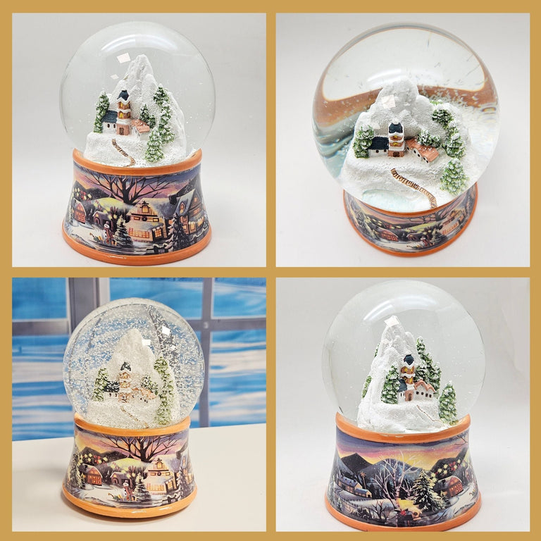 Nostalgische Schneekugel Bergdorf auf Sockel Winterlandschaft ocker Rand 100 mm Durchmesser mit Spieluhr - Schneekugelhaus