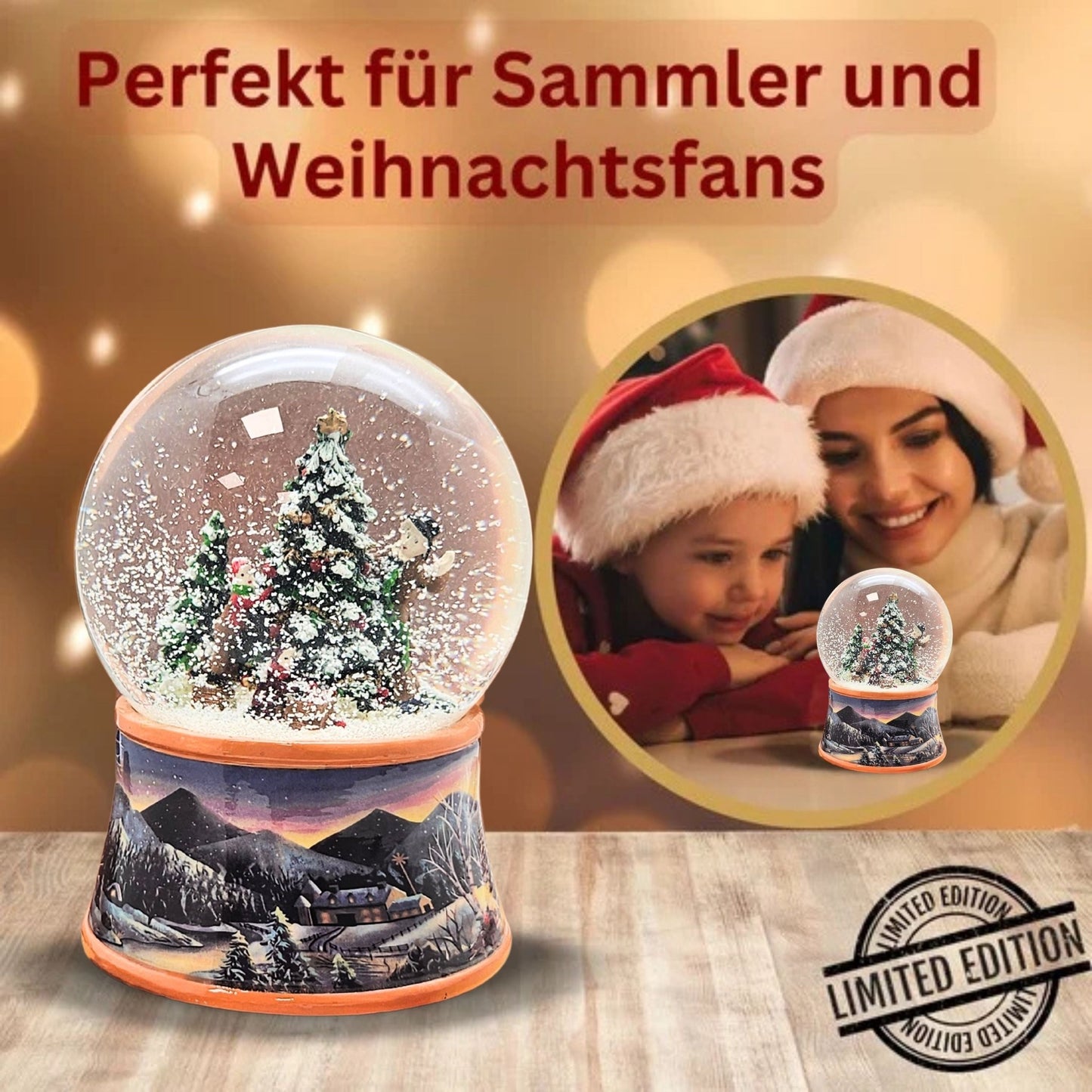 Nostalgische Schneekugel Christbaum schmücken auf Sockel Winterlandschaft ocker 100 mm Durchmesser mit Spieluhr - Schneekugelhaus