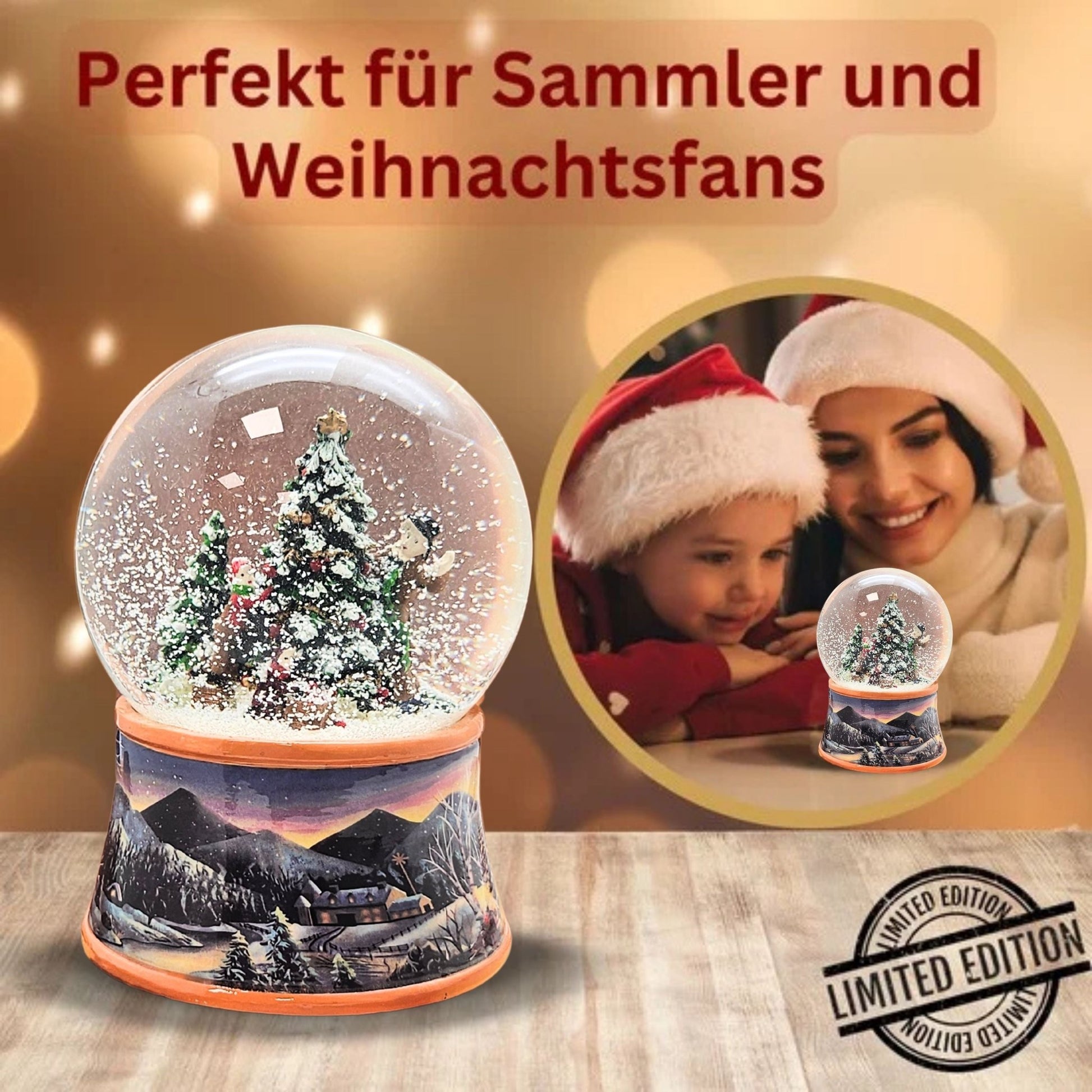 Nostalgische Schneekugel Christbaum schmücken auf Sockel Winterlandschaft ocker 100 mm Durchmesser mit Spieluhr - Schneekugelhaus