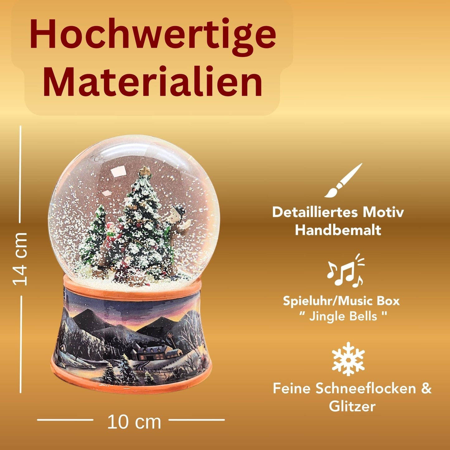 Nostalgische Schneekugel Christbaum schmücken auf Sockel Winterlandschaft ocker 100 mm Durchmesser mit Spieluhr - Schneekugelhaus