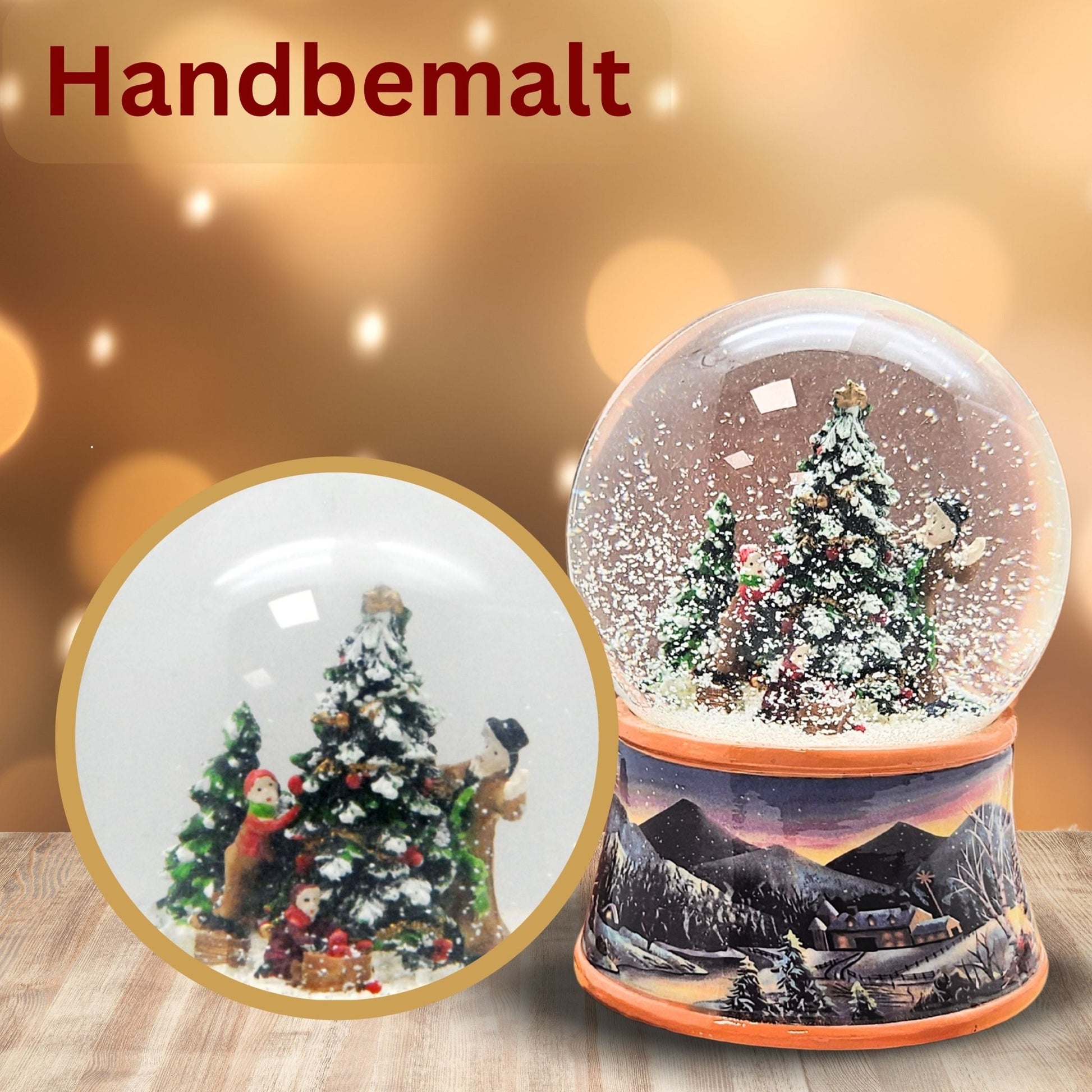 Nostalgische Schneekugel Christbaum schmücken auf Sockel Winterlandschaft ocker 100 mm Durchmesser mit Spieluhr - Schneekugelhaus