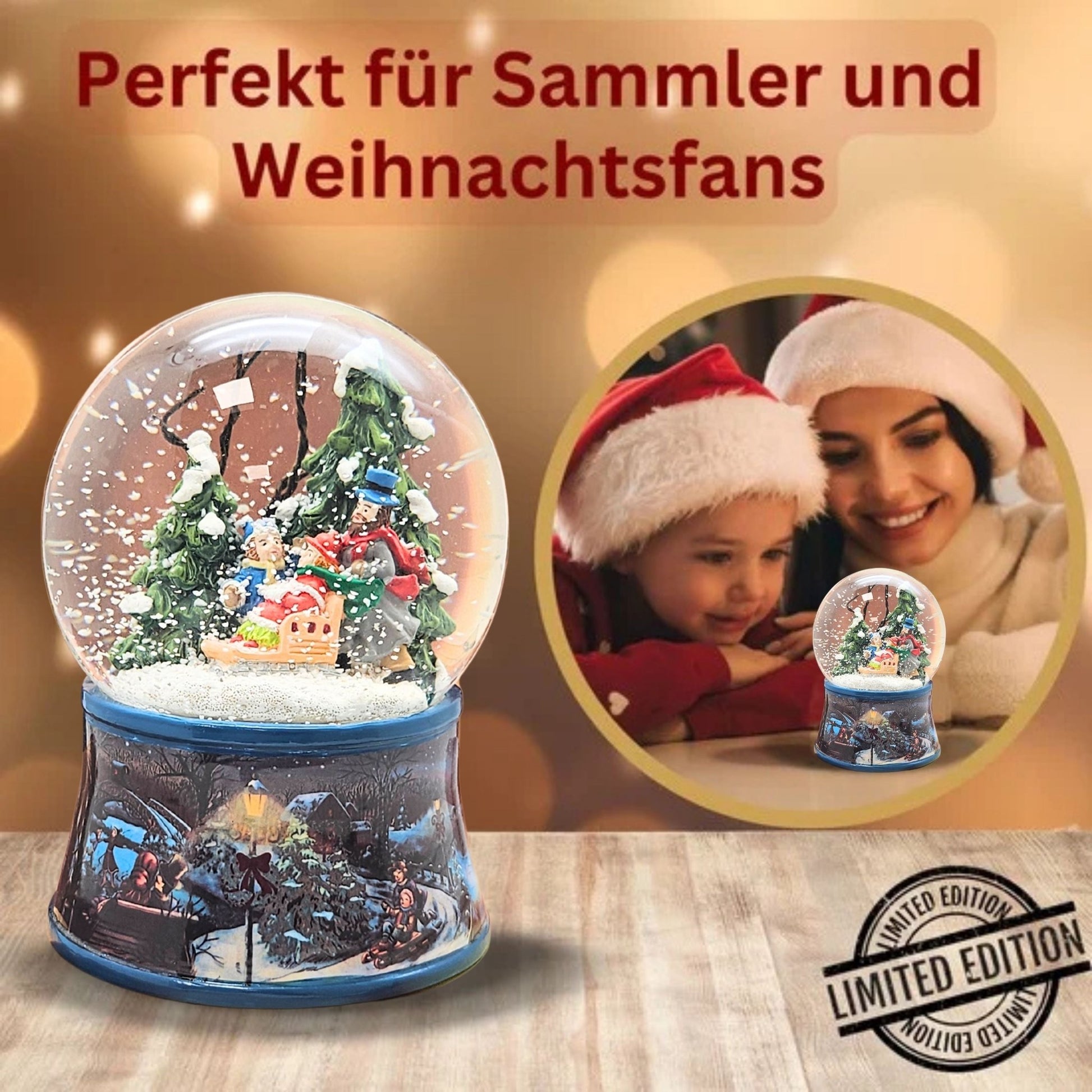 Nostalgische Schneekugel Familie Winterspaziergang auf Sockel Eisläufer 100 mm Durchmesser mit Spieluhr - Schneekugelhaus
