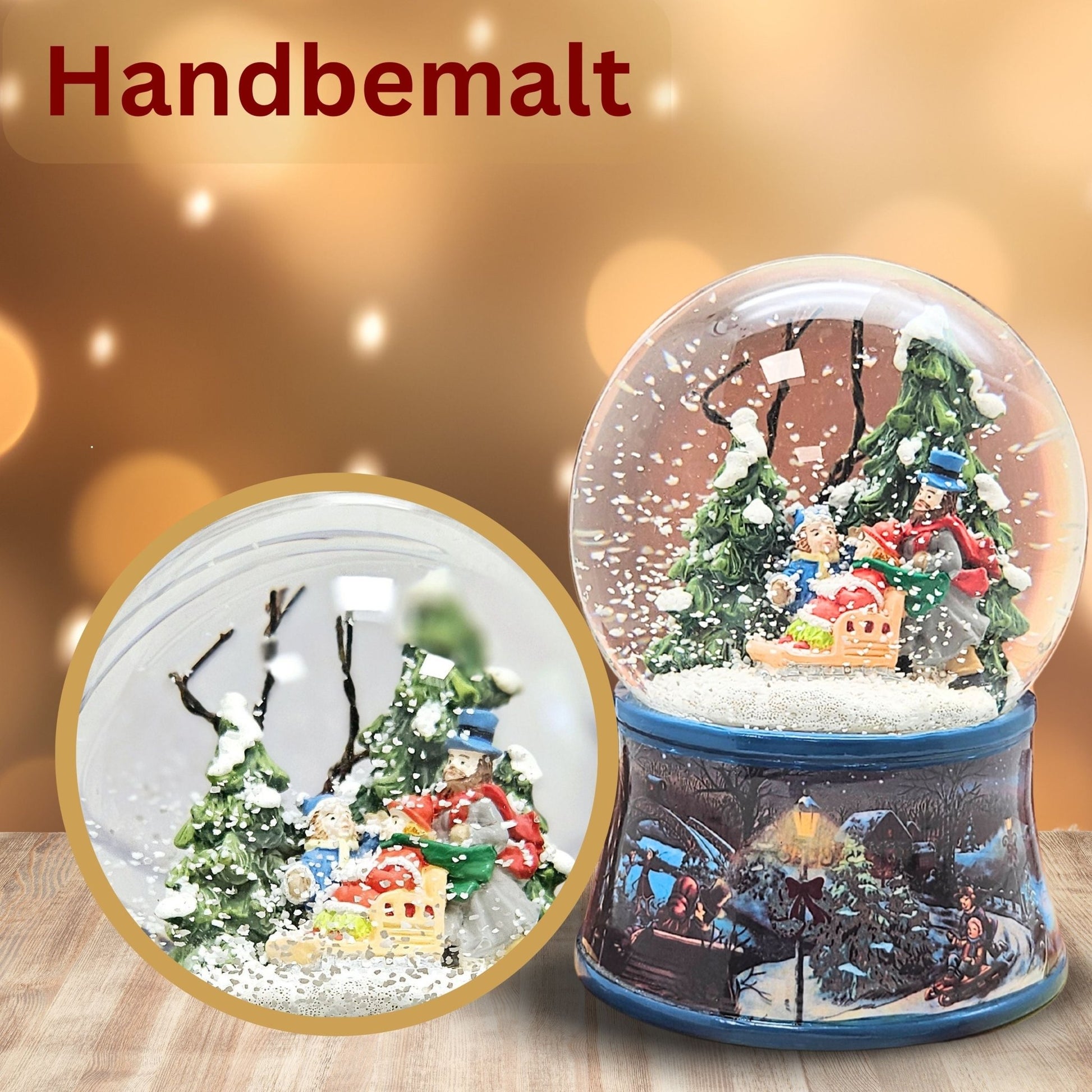 Nostalgische Schneekugel Familie Winterspaziergang auf Sockel Eisläufer 100 mm Durchmesser mit Spieluhr - Schneekugelhaus