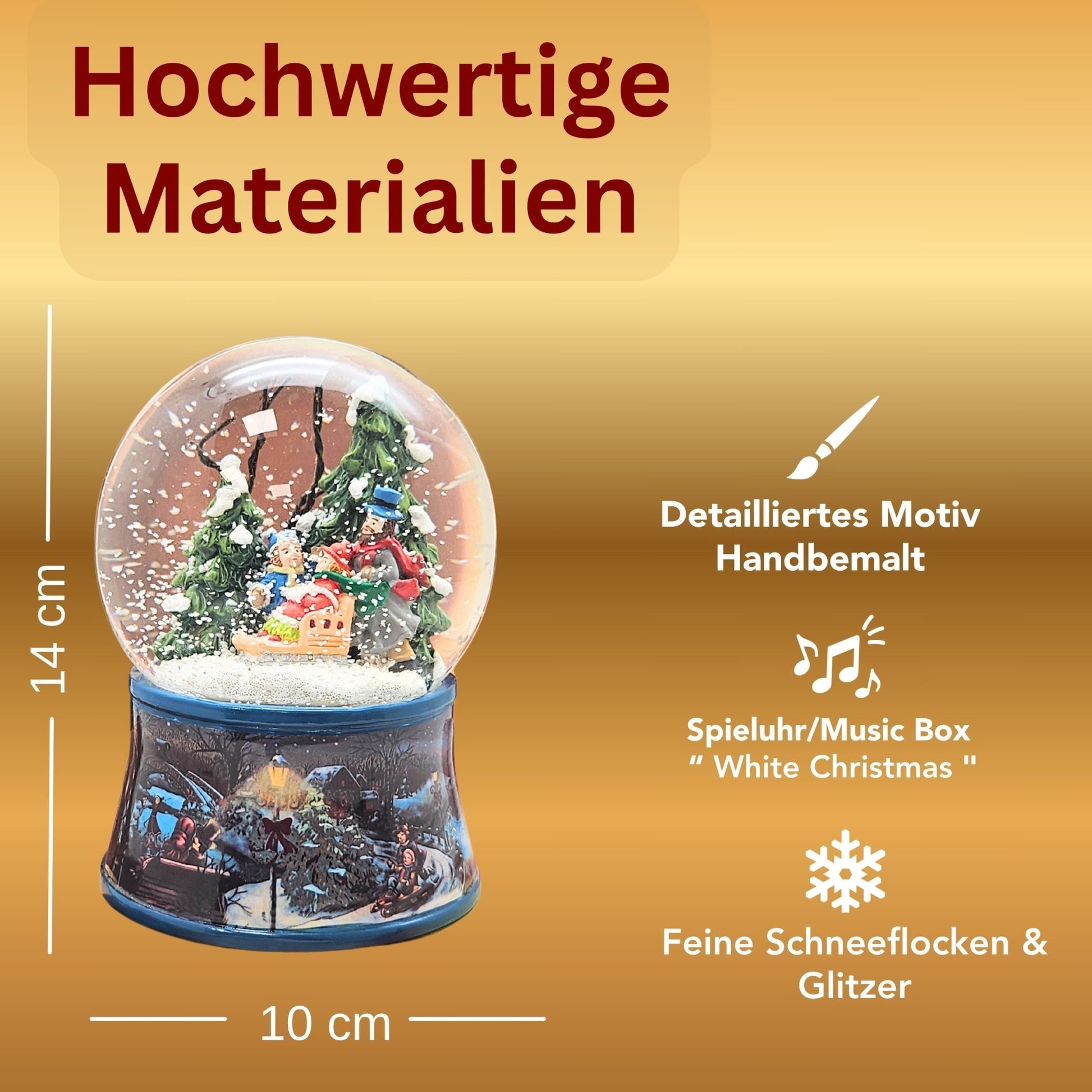 Nostalgische Schneekugel Familie Winterspaziergang auf Sockel Eisläufer 100 mm Durchmesser mit Spieluhr - Schneekugelhaus