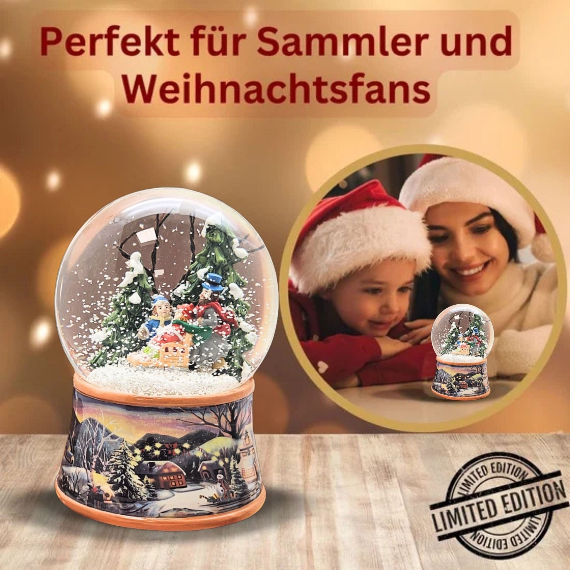 Nostalgische Schneekugel Familie Winterspaziergang auf Sockel Winterlandschaft 100 mm Durchmesser mit Spieluhr - Schneekugelhaus