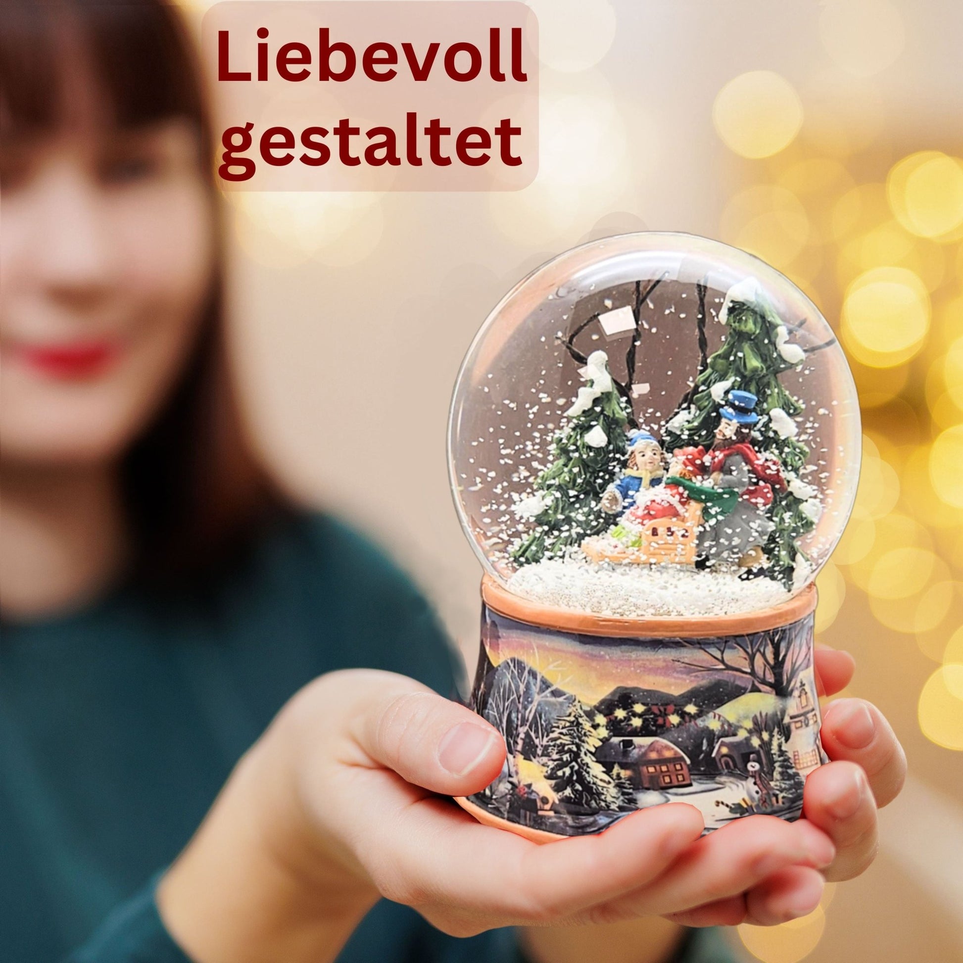 Nostalgische Schneekugel Familie Winterspaziergang auf Sockel Winterlandschaft 100 mm Durchmesser mit Spieluhr - Schneekugelhaus