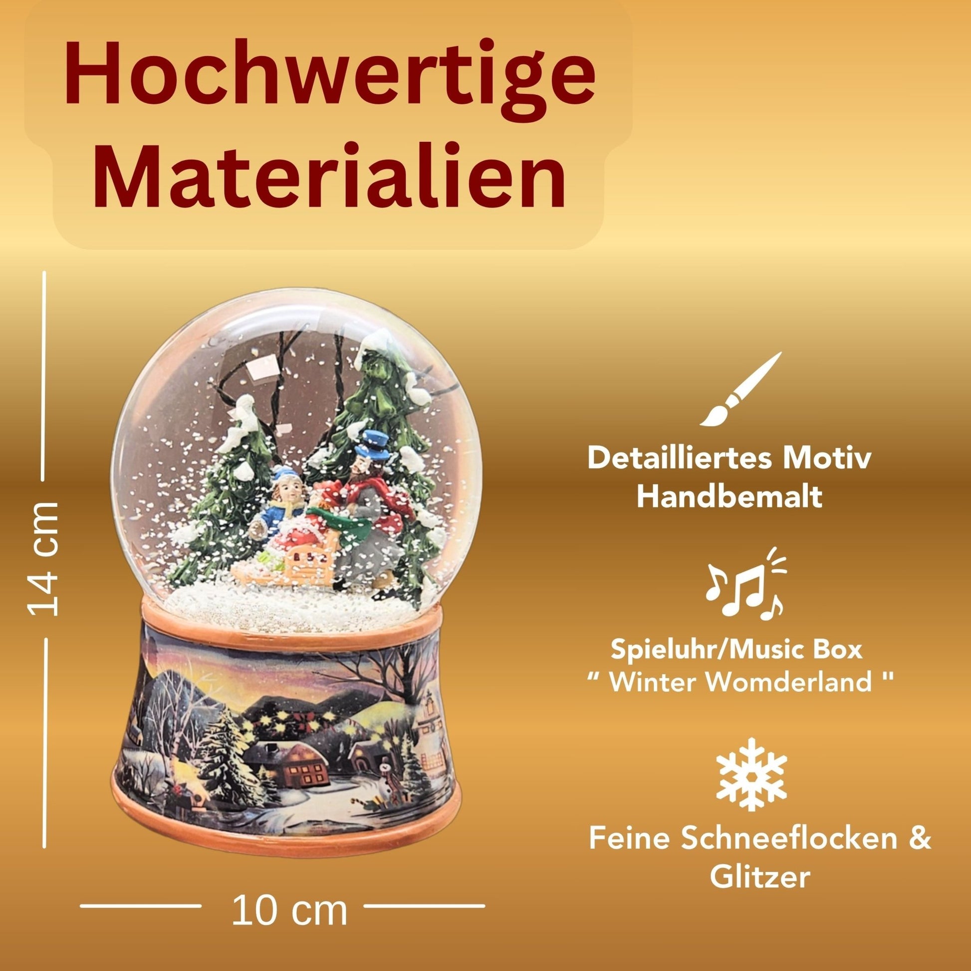 Nostalgische Schneekugel Familie Winterspaziergang auf Sockel Winterlandschaft 100 mm Durchmesser mit Spieluhr - Schneekugelhaus