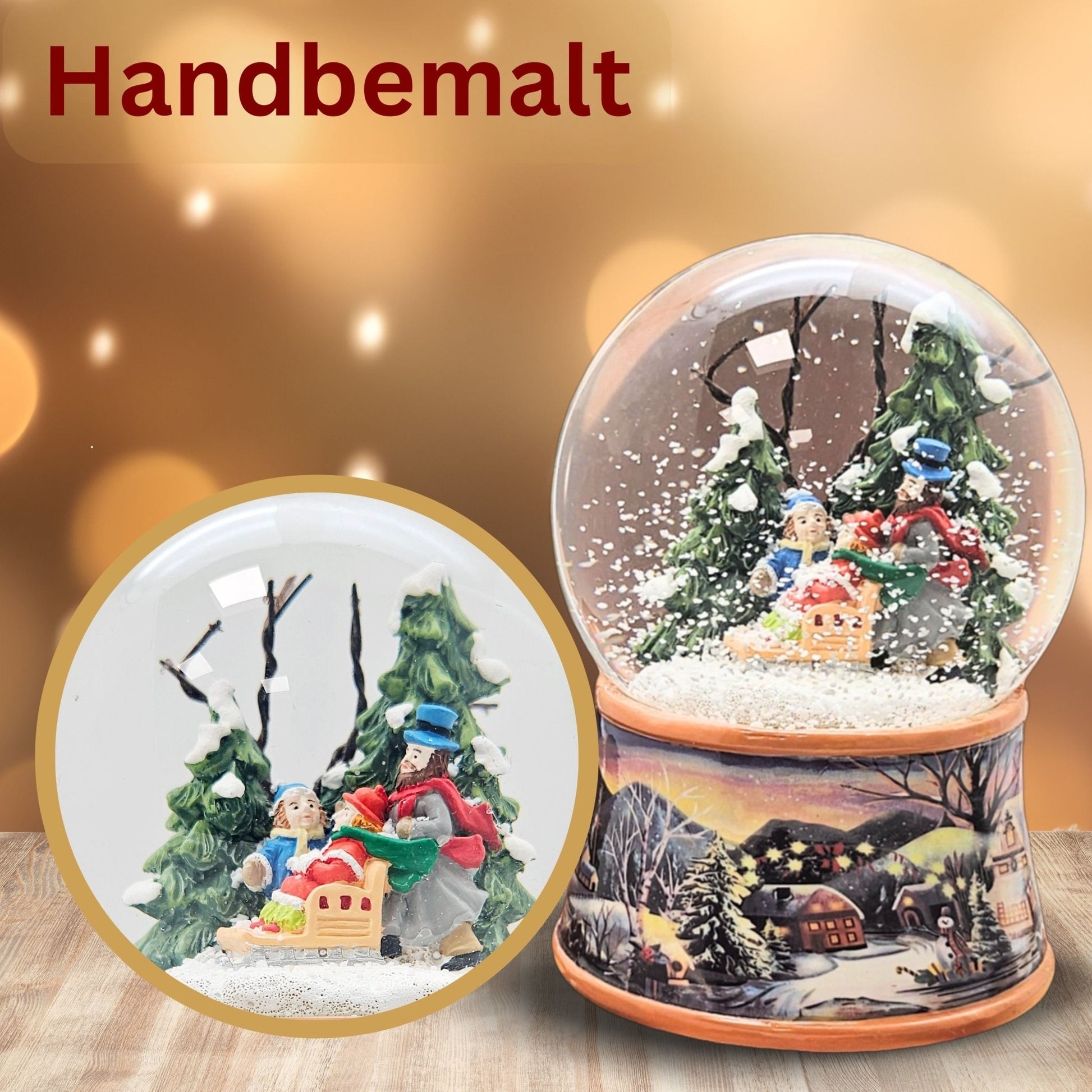 Nostalgische Schneekugel Familie Winterspaziergang auf Sockel Winterlandschaft 100 mm Durchmesser mit Spieluhr - Schneekugelhaus