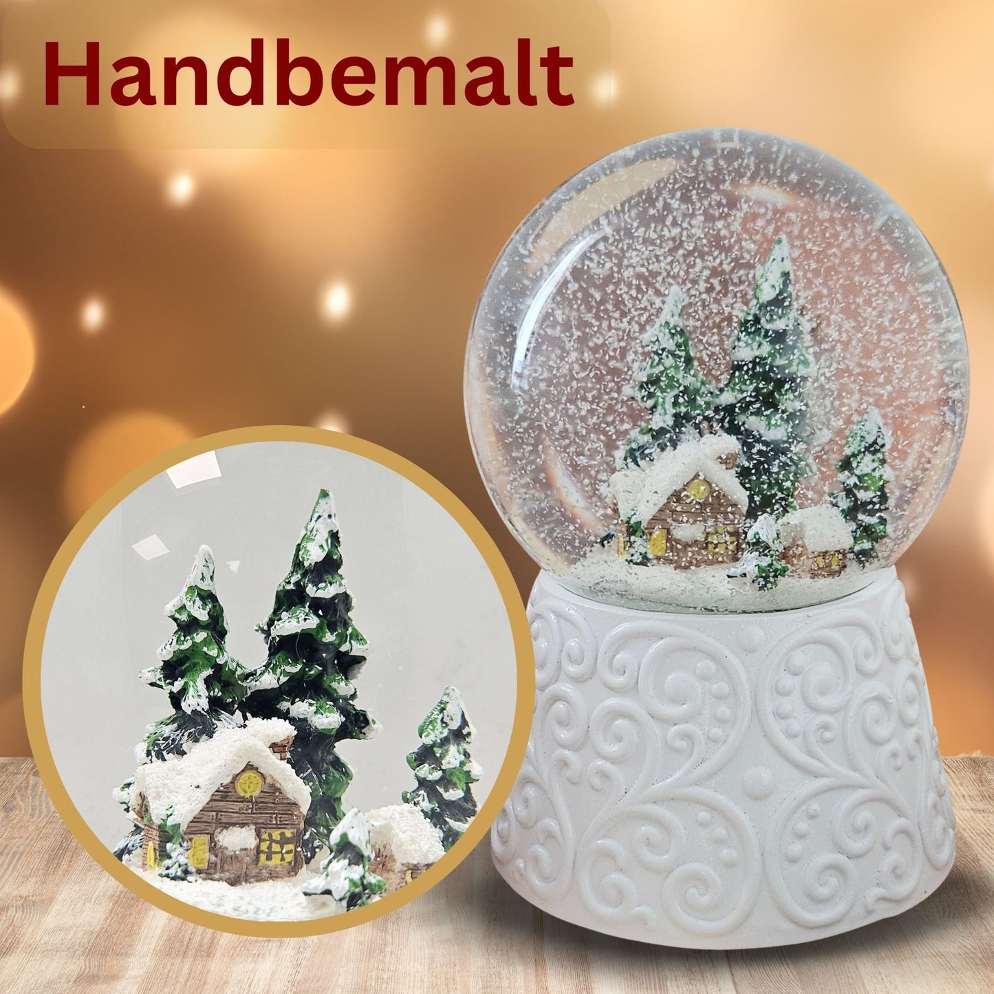 Nostalgische Schneekugel Hütte auf Ornamentsockel weiß 100 mm Durchmesser mit Spieluhr - Schneekugelhaus