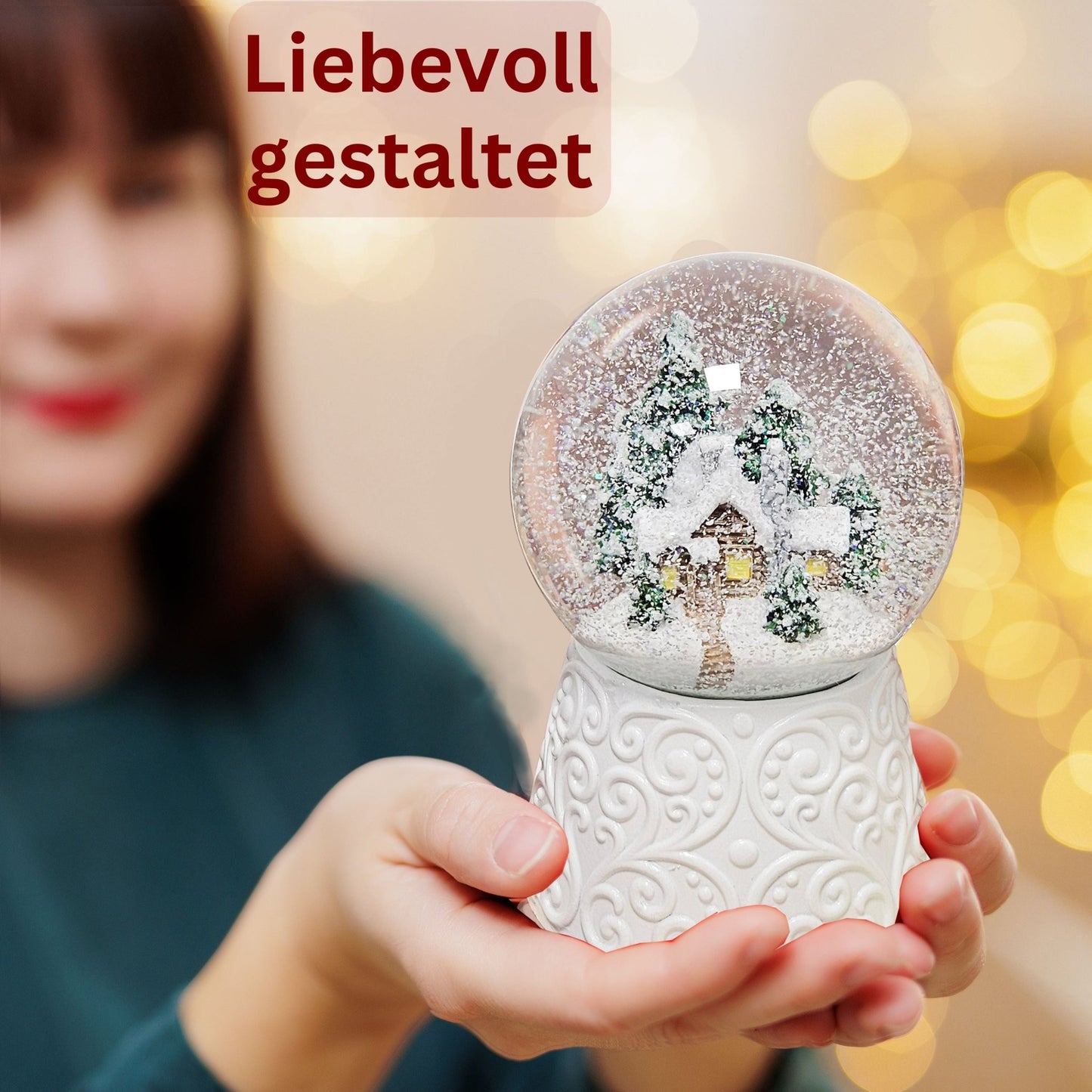 Nostalgische Schneekugel Hütte auf Ornamentsockel weiß 100 mm Durchmesser mit Spieluhr - Schneekugelhaus