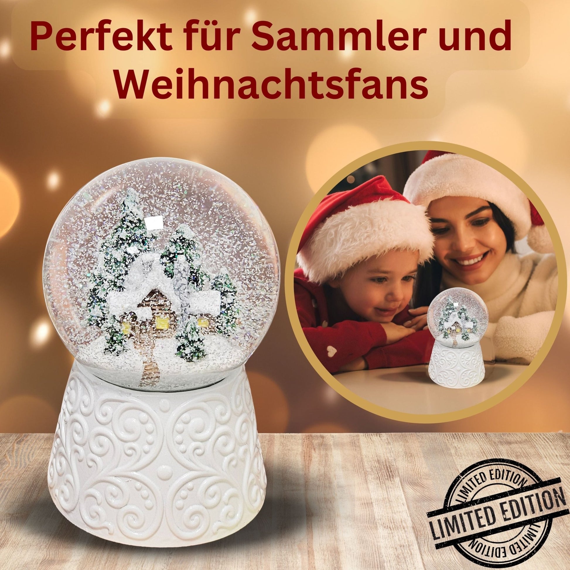 Nostalgische Schneekugel Hütte auf Ornamentsockel weiß 100 mm Durchmesser mit Spieluhr - Schneekugelhaus