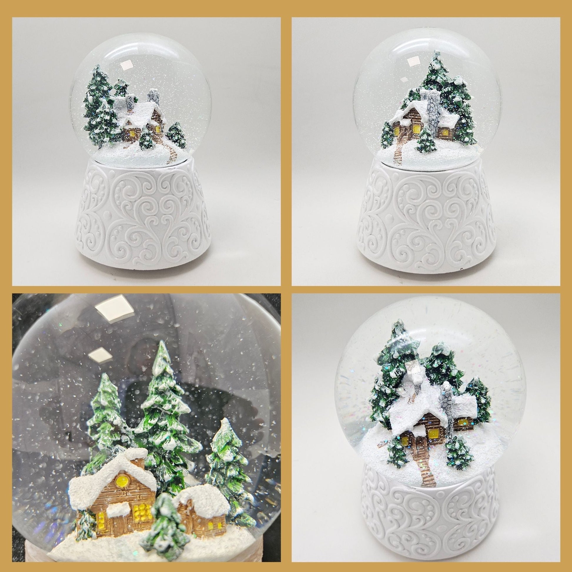 Nostalgische Schneekugel Hütte auf Ornamentsockel weiß 100 mm Durchmesser mit Spieluhr - Schneekugelhaus