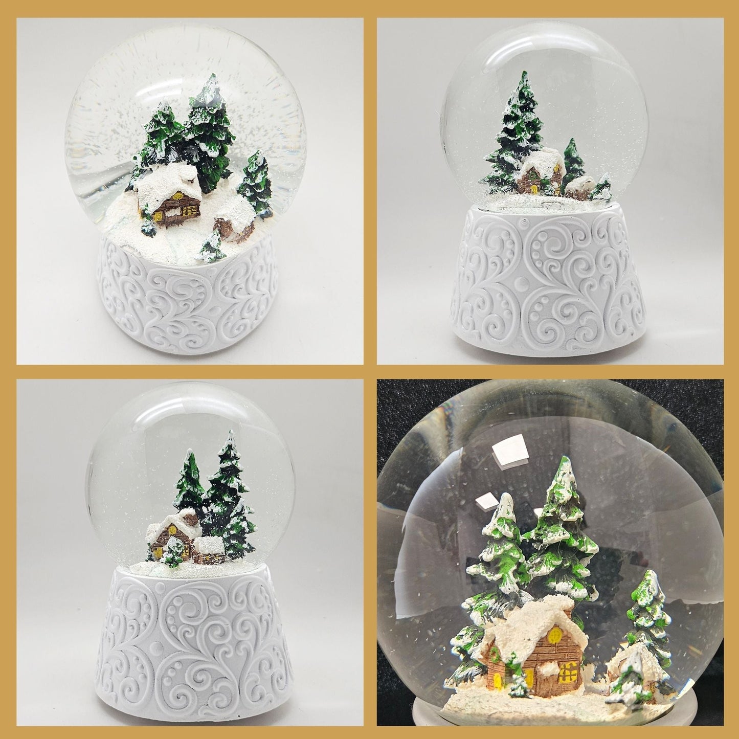 Nostalgische Schneekugel Hütte auf Ornamentsockel weiß 100 mm Durchmesser mit Spieluhr - Schneekugelhaus