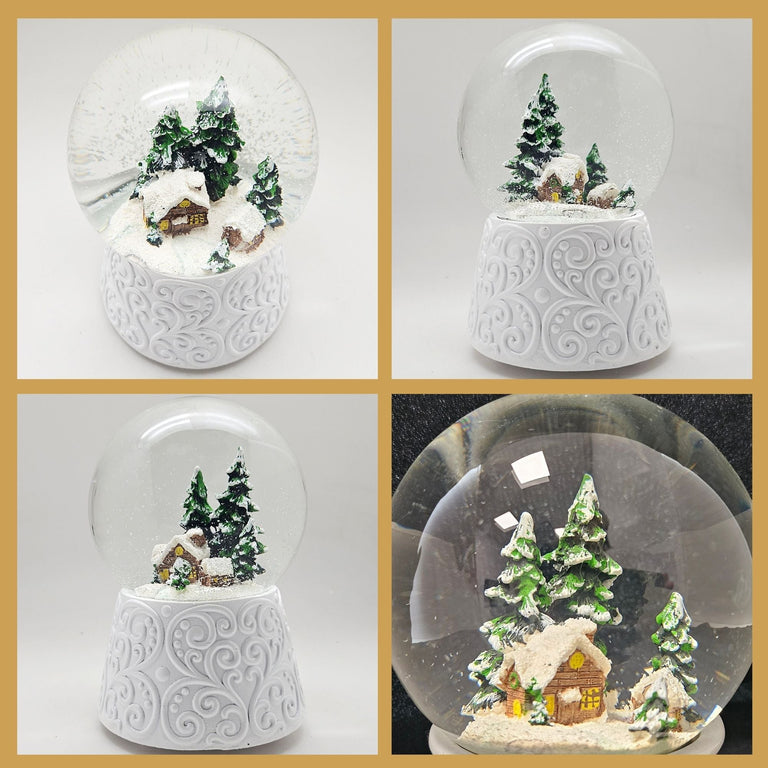 Nostalgische Schneekugel Hütte auf Ornamentsockel weiß 100 mm Durchmesser mit Spieluhr - Schneekugelhaus