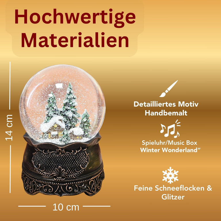 Nostalgische Schneekugel Hüttenzauber Berghütte auf Ornamentsockel kupfer antik 100 mm Durchmesser mit Spieluhr - Schneekugelhaus
