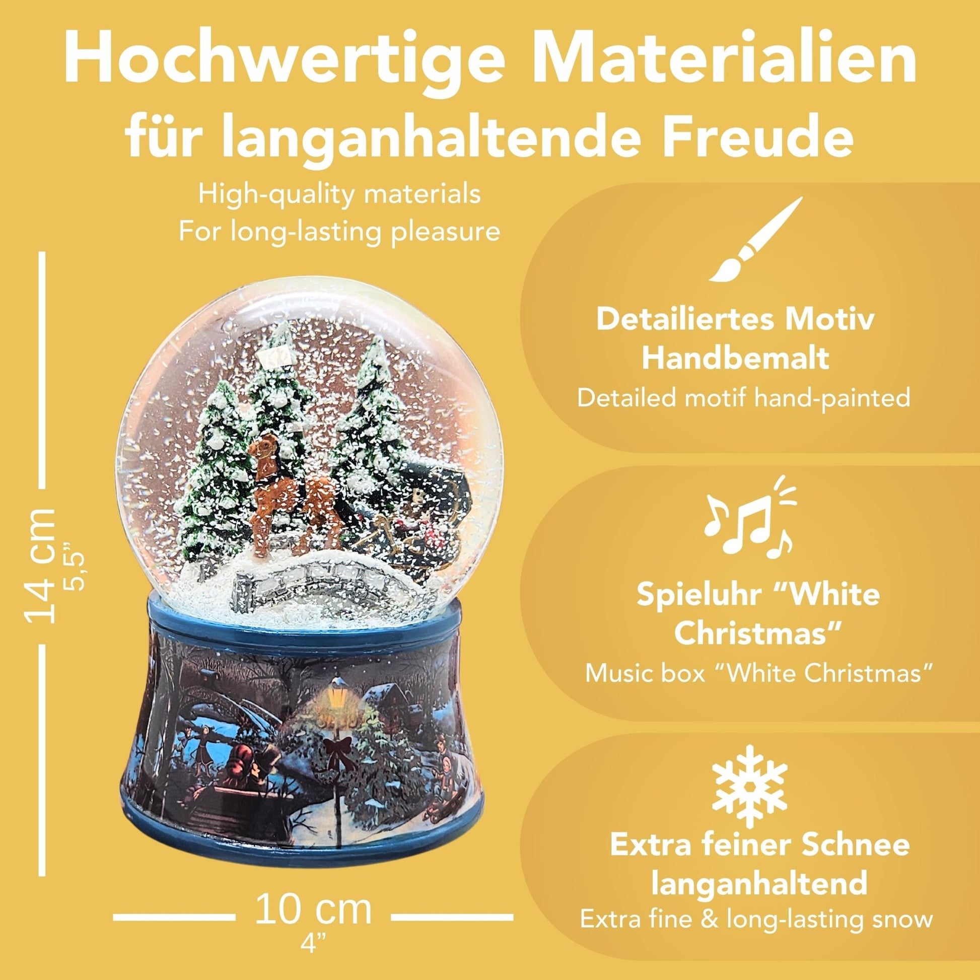 Nostalgische Schneekugel Kutsche über Brücke auf Sockel Eisläufer 100 mm Durchmesser mit Spieluhr - Schneekugelhaus