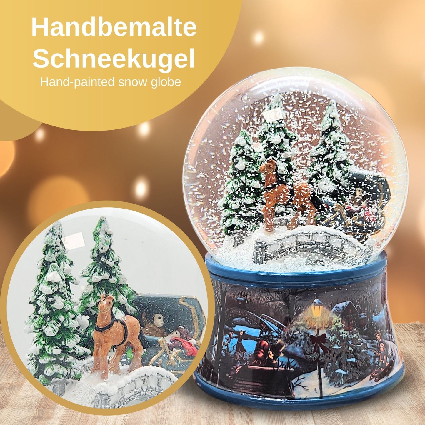 Nostalgische Schneekugel Kutsche über Brücke auf Sockel Eisläufer 100 mm Durchmesser mit Spieluhr - Schneekugelhaus