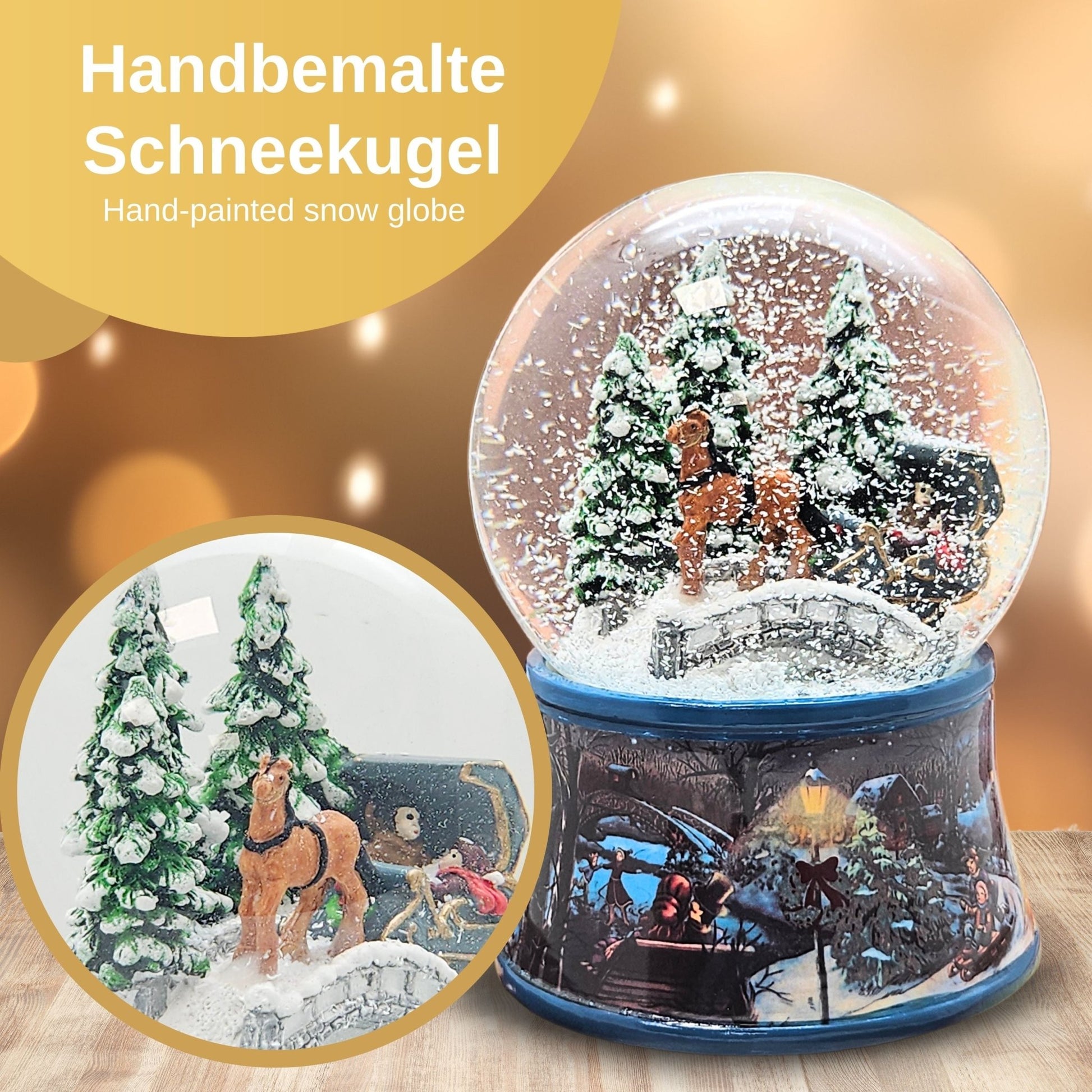 Nostalgische Schneekugel Kutsche über Brücke auf Sockel Eisläufer 100 mm Durchmesser mit Spieluhr - Schneekugelhaus